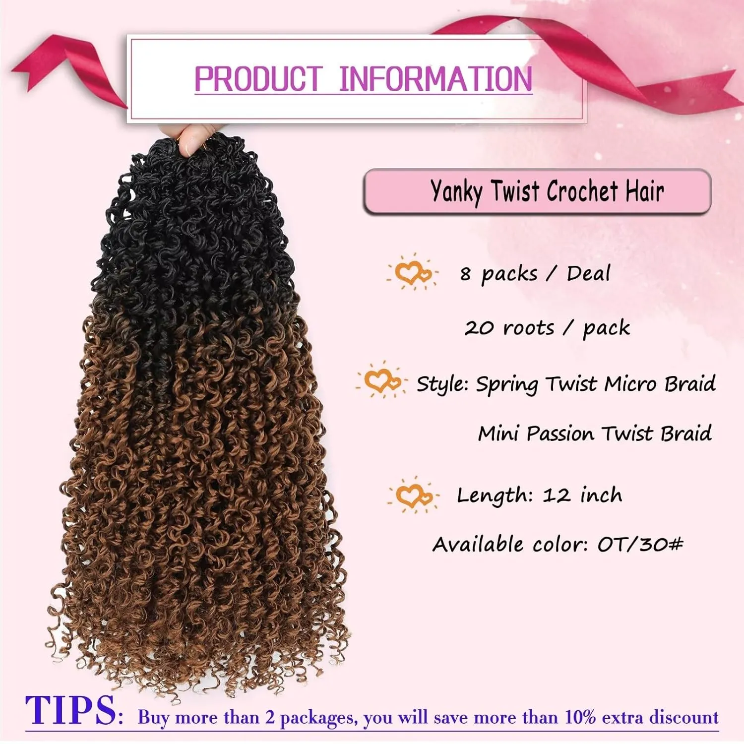 Pre-looped Yanky Twist Crochet Hair 8Packs 12inch Pre-twisted Passion Mini Twist Crochet Hair Spring Mini Twist Ombre Brown Crochet Braid Hair with Curly Hair Senegalese Twist Braids #OT30