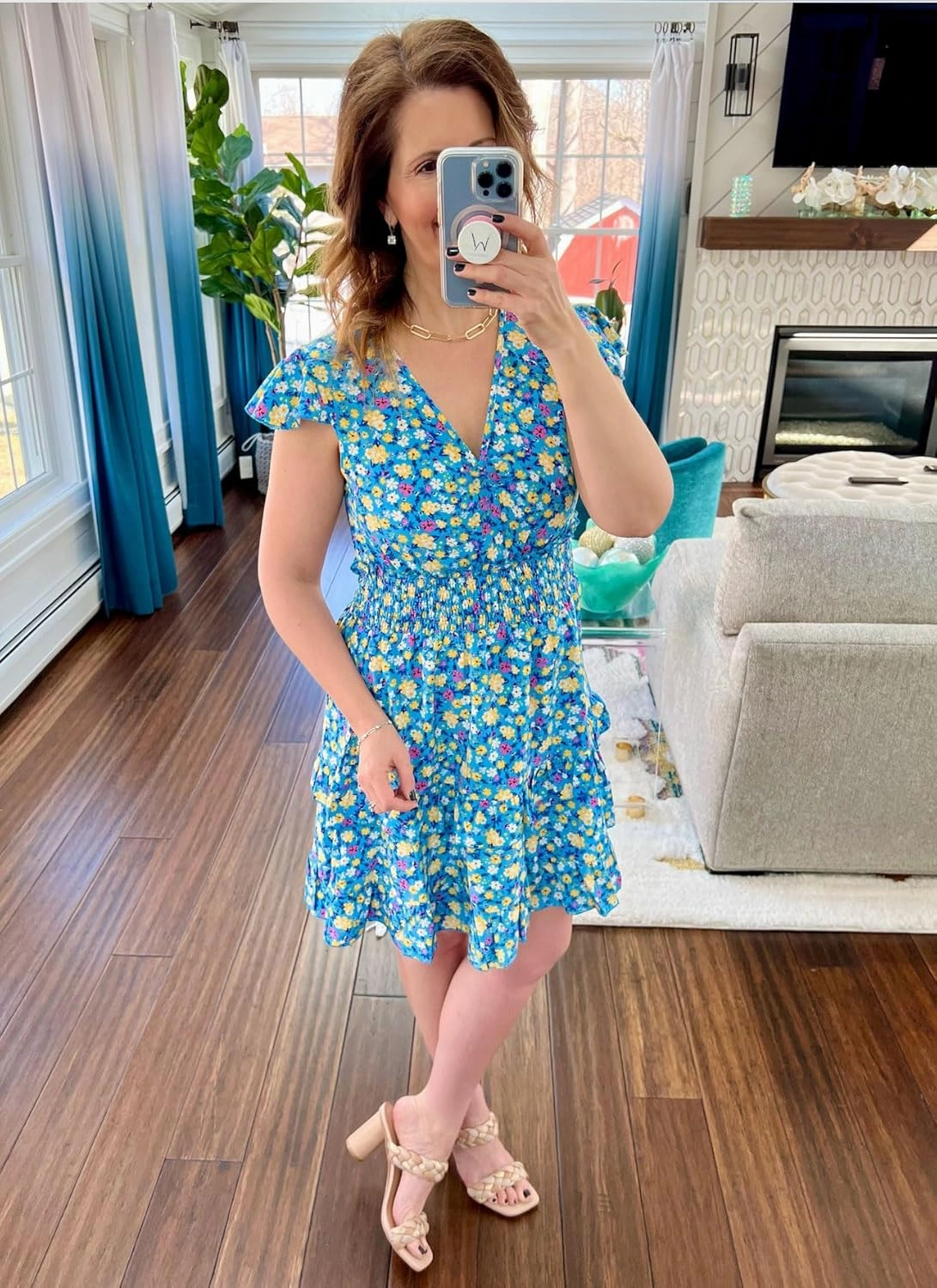 PRETTYGARDEN Womens Summer Dresses Boho V Neck Floral Print Ruffle Sleeve Layered Mini Dress Cute Smocked Waist Short Dress