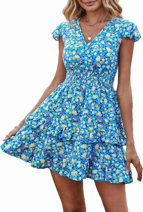 PRETTYGARDEN Womens Summer Dresses Boho V Neck Floral Print Ruffle Sleeve Layered Mini Dress Cute Smocked Waist Short Dress