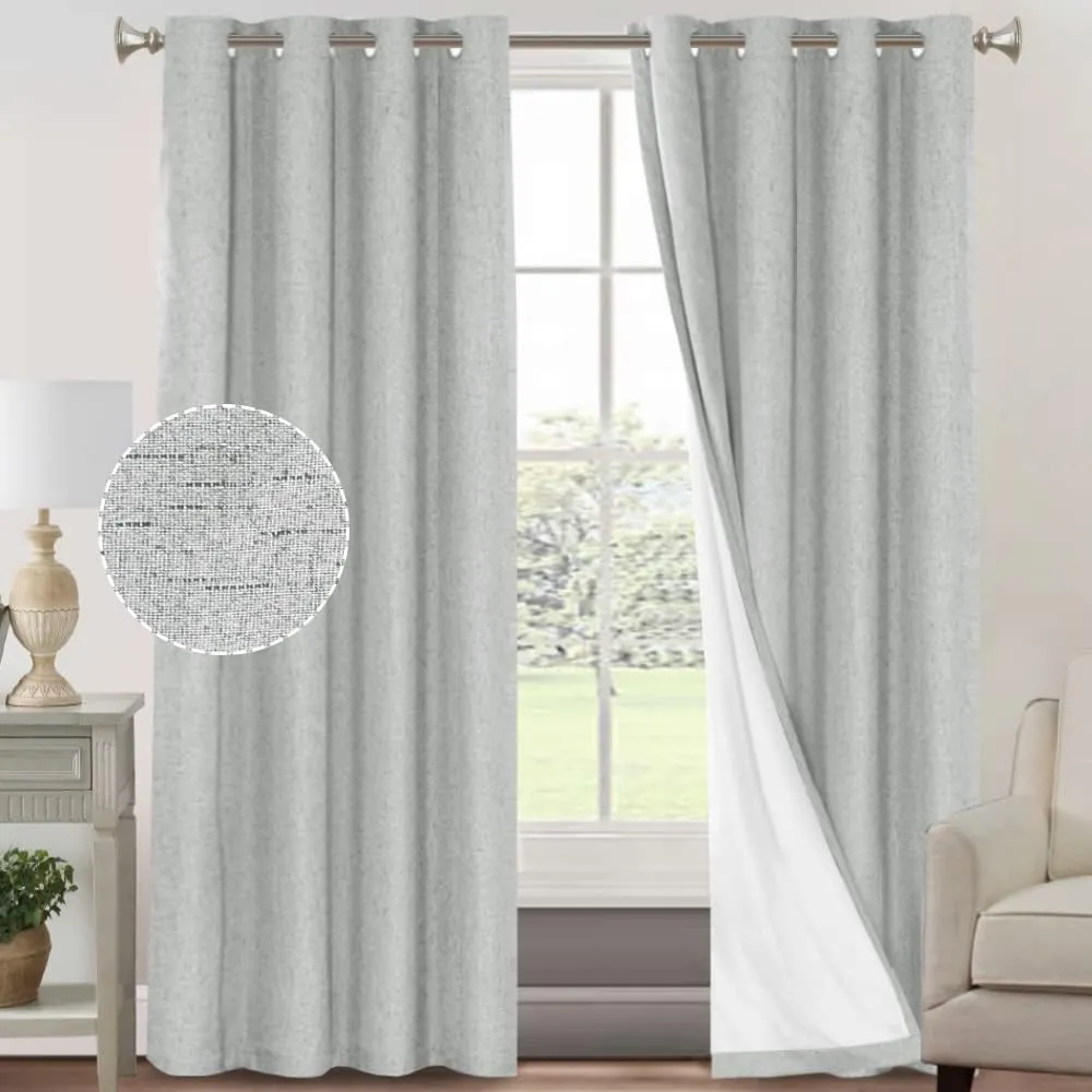 PrinceDeco Blackout Curtains for Living Room/Bedroom Linen Blackout Curtains 96 Inches Long 2 Panels Set Grommet Thermal Insulated with White Liner,52X96 Inch,Glacier Grey