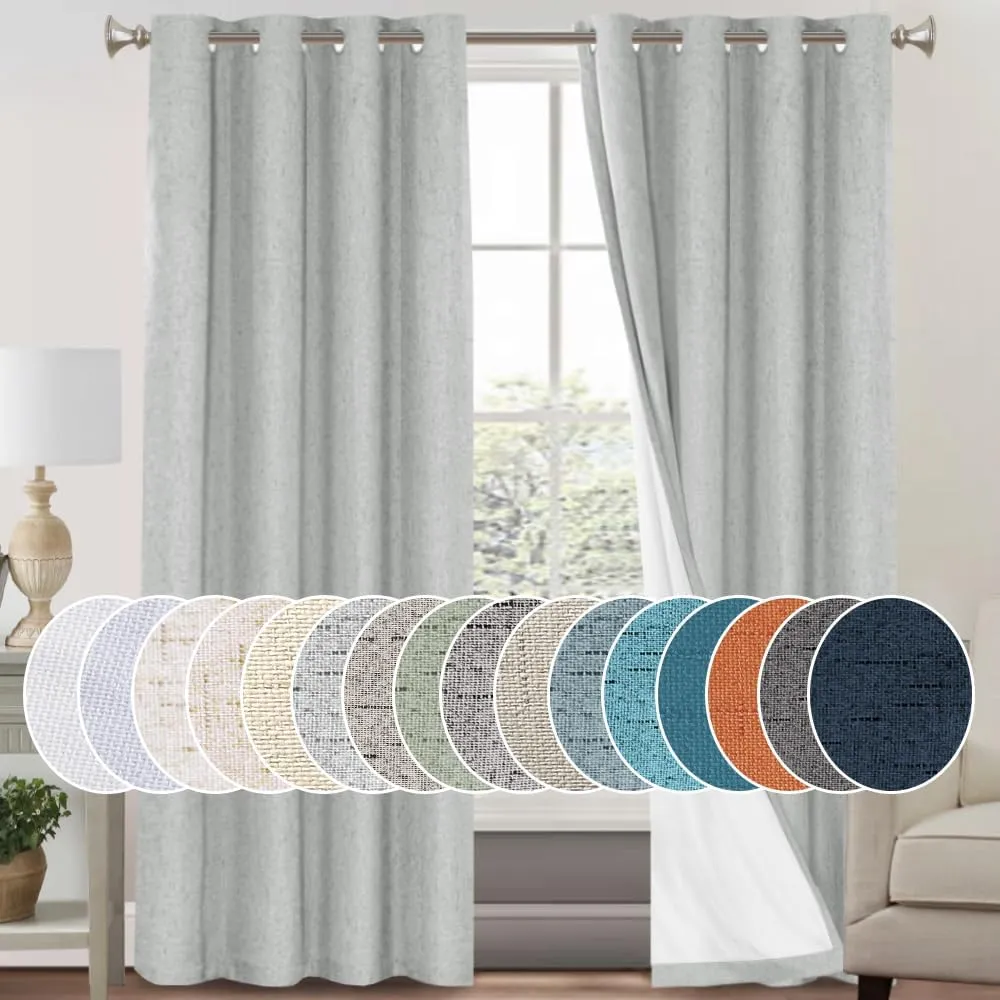 PrinceDeco Blackout Curtains for Living Room/Bedroom Linen Blackout Curtains 96 Inches Long 2 Panels Set Grommet Thermal Insulated with White Liner,52X96 Inch,Glacier Grey