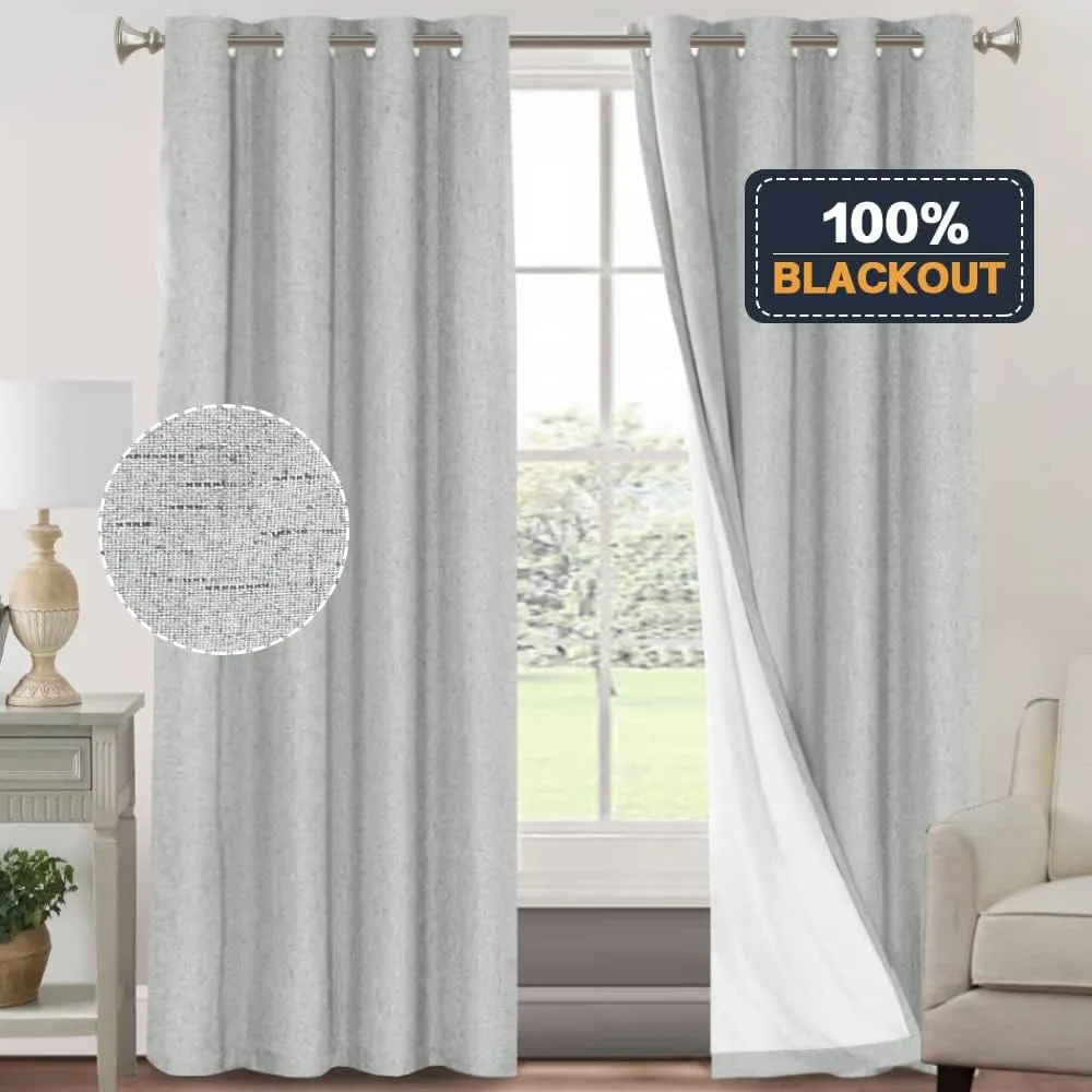 PrinceDeco Blackout Curtains for Living Room/Bedroom Linen Blackout Curtains 96 Inches Long 2 Panels Set Grommet Thermal Insulated with White Liner,52X96 Inch,Glacier Grey