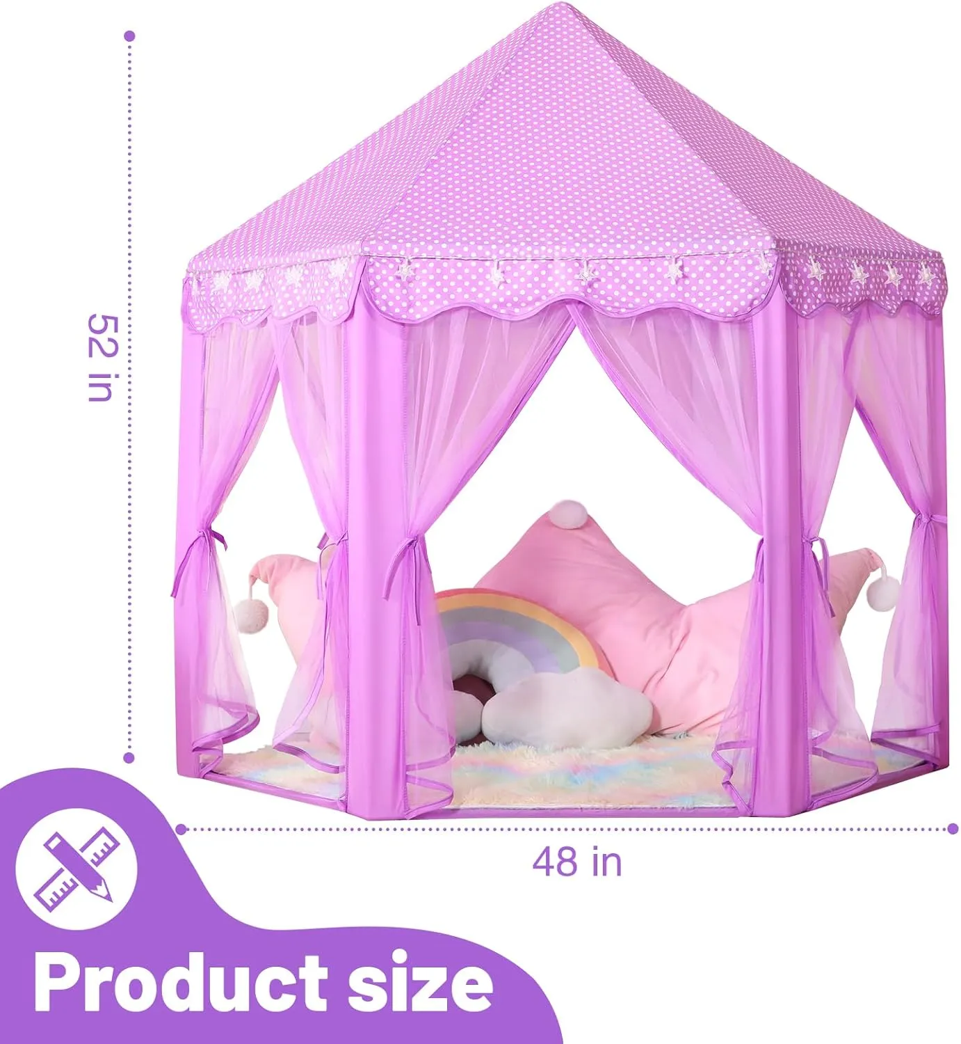 Princess Tent for Girls Indoor: with Rainbow Rug, Star Lights - Purple Play Tent for Kids, Girls Toys for Indoor Princess Games