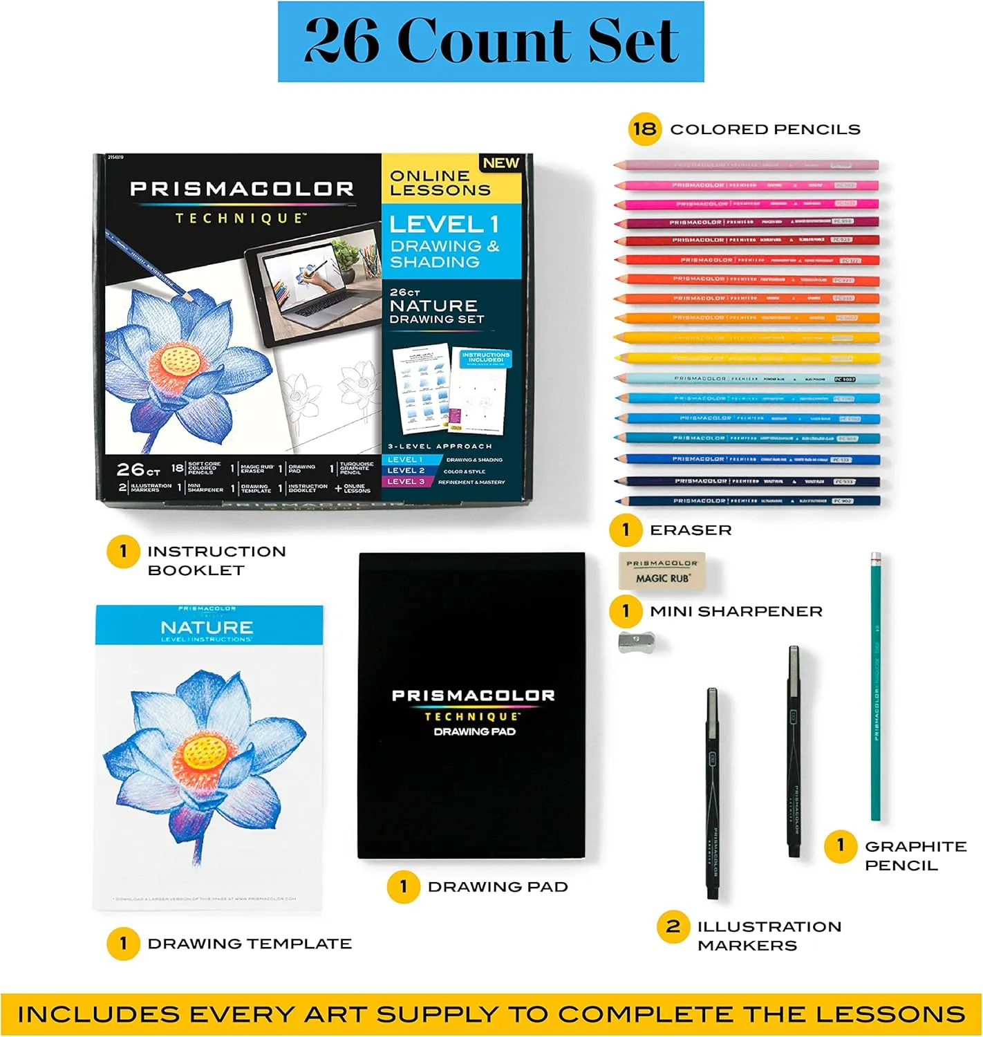 Prismacolor Technique, Art Supplies and Digital Art Lessons, Nature Drawing Set, Level 1, Learn to Draw with Colored Pencils, Graphite Pencils, and More, Flower Drawing, 26 Count