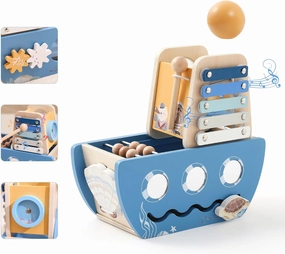 Promise Babe 5-in-1 Baby Wooden Activity Cube, Sea Ocean Montessori Toddler Toys for 1  Year Old Boys Girls Gifts, Educational Learning Boat Toys for 1st Birthday Gifts for Kids