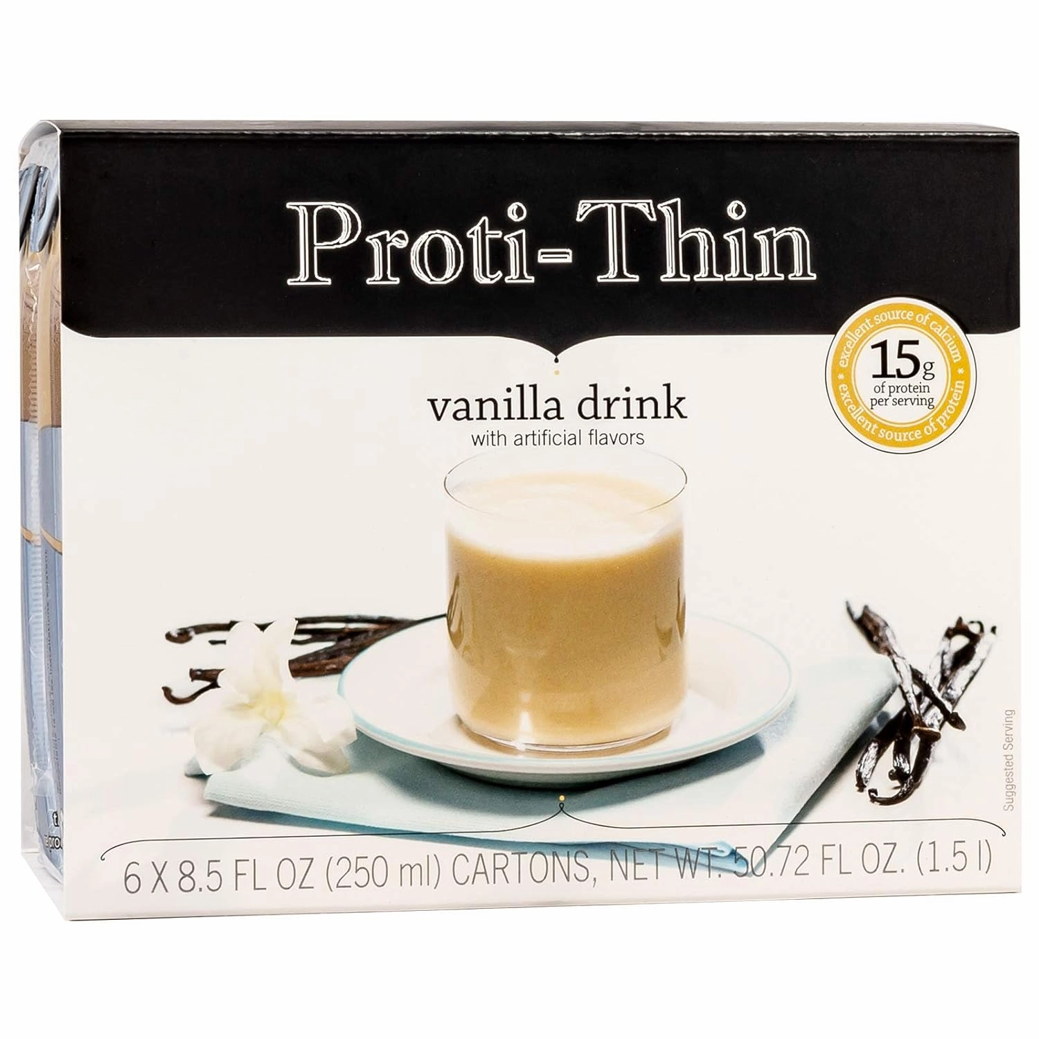 Proti-Thin Creamy Vanilla High Protein Ready to Drink, 15g Protein, Low Calorie, Low Fat, Low Sugar, KETO Diet Friendly, Ideal Protein Compatible Shake, No Gluten Ingredients, 6 Single Servings