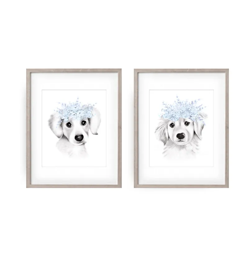Puppies with Flower Crown Prints - Set of 2