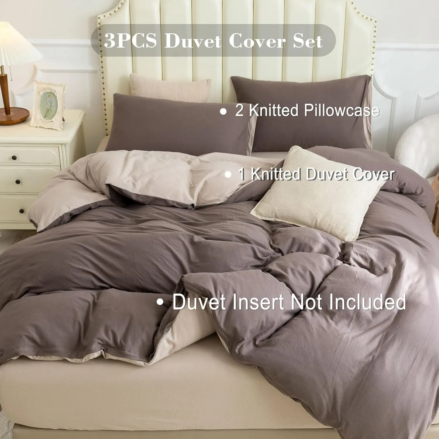 PURE ERA Jersey Knit Duvet Cover Set 100% T-Shirt Cotton Super Soft Comfy 3pc Bedding Set with Zipper Closure (Solid Brown/Dark Beige, Queen)