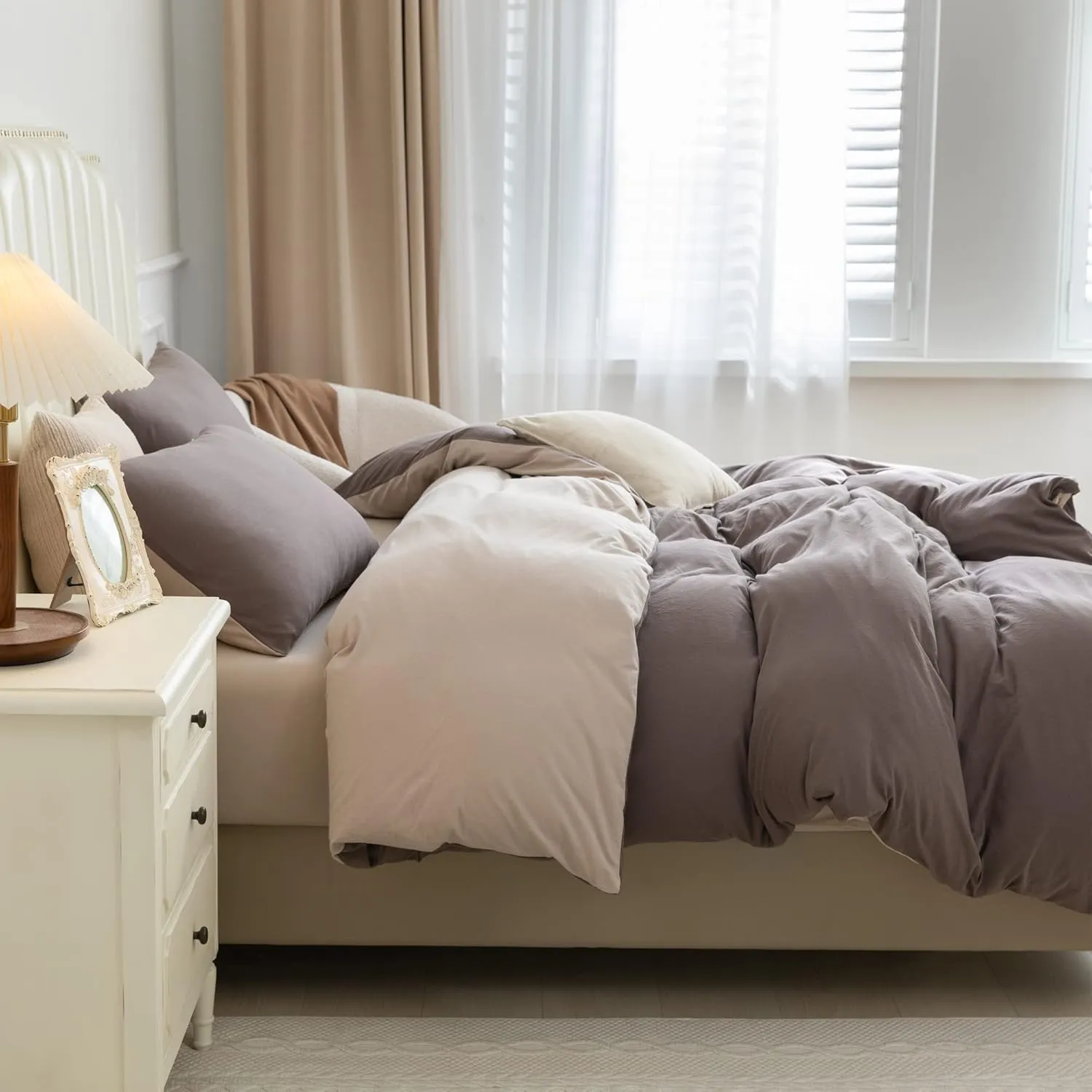 PURE ERA Jersey Knit Duvet Cover Set 100% T-Shirt Cotton Super Soft Comfy 3pc Bedding Set with Zipper Closure (Solid Brown/Dark Beige, Queen)