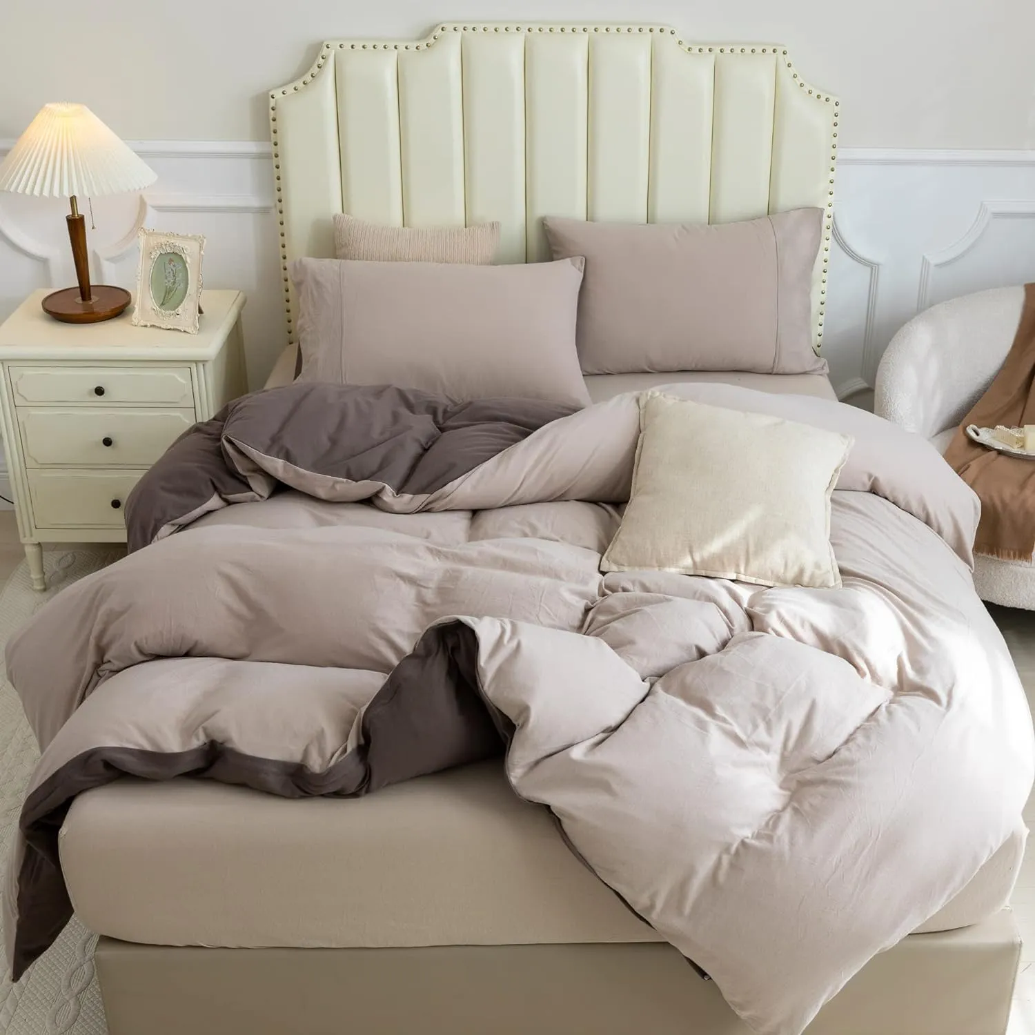PURE ERA Jersey Knit Duvet Cover Set 100% T-Shirt Cotton Super Soft Comfy 3pc Bedding Set with Zipper Closure (Solid Brown/Dark Beige, Queen)