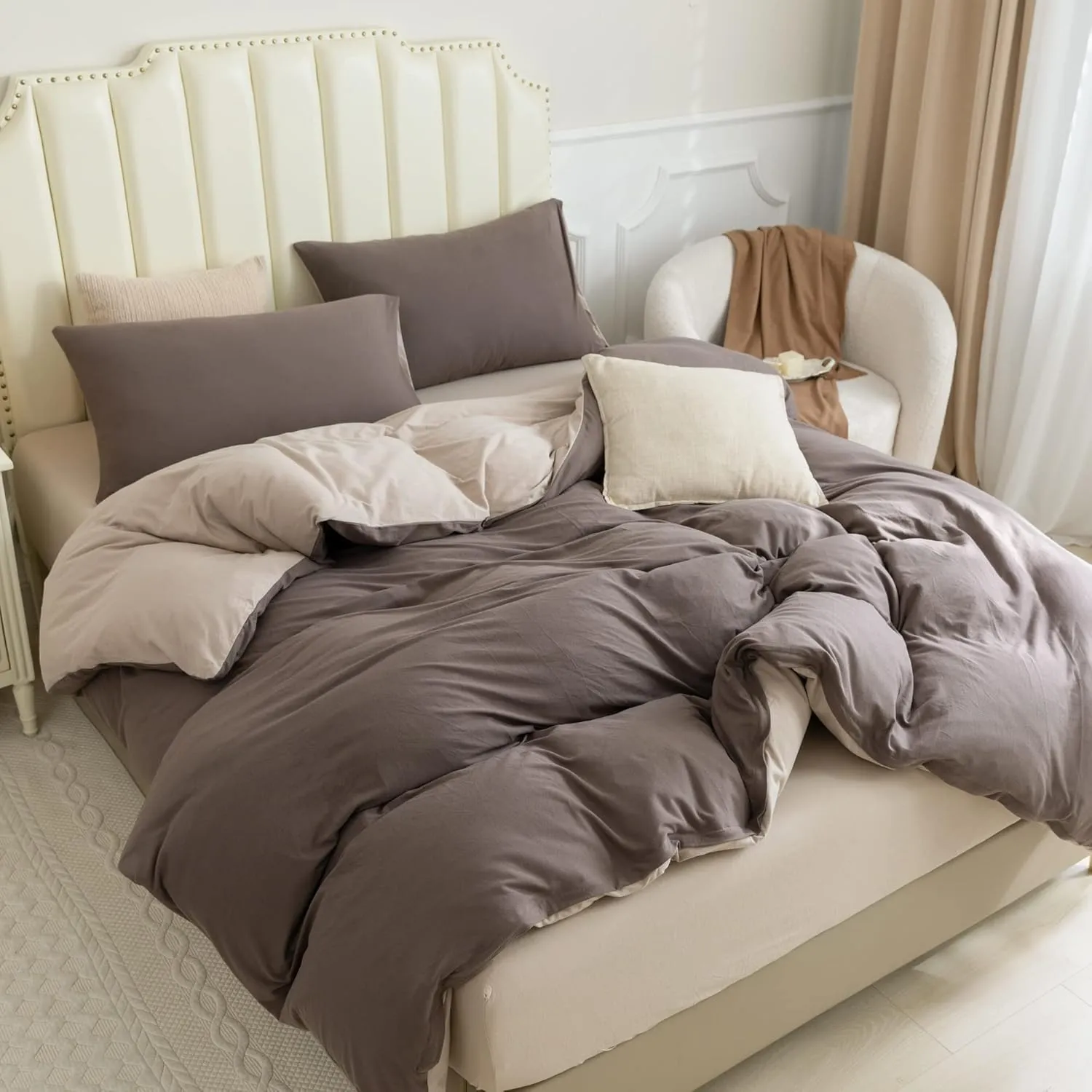 PURE ERA Jersey Knit Duvet Cover Set 100% T-Shirt Cotton Super Soft Comfy 3pc Bedding Set with Zipper Closure (Solid Brown/Dark Beige, Queen)
