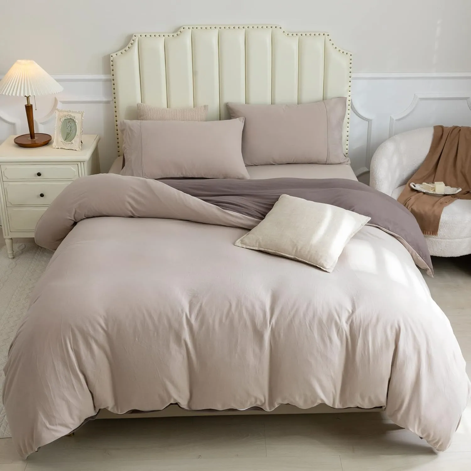 PURE ERA Jersey Knit Duvet Cover Set 100% T-Shirt Cotton Super Soft Comfy 3pc Bedding Set with Zipper Closure (Solid Brown/Dark Beige, Queen)