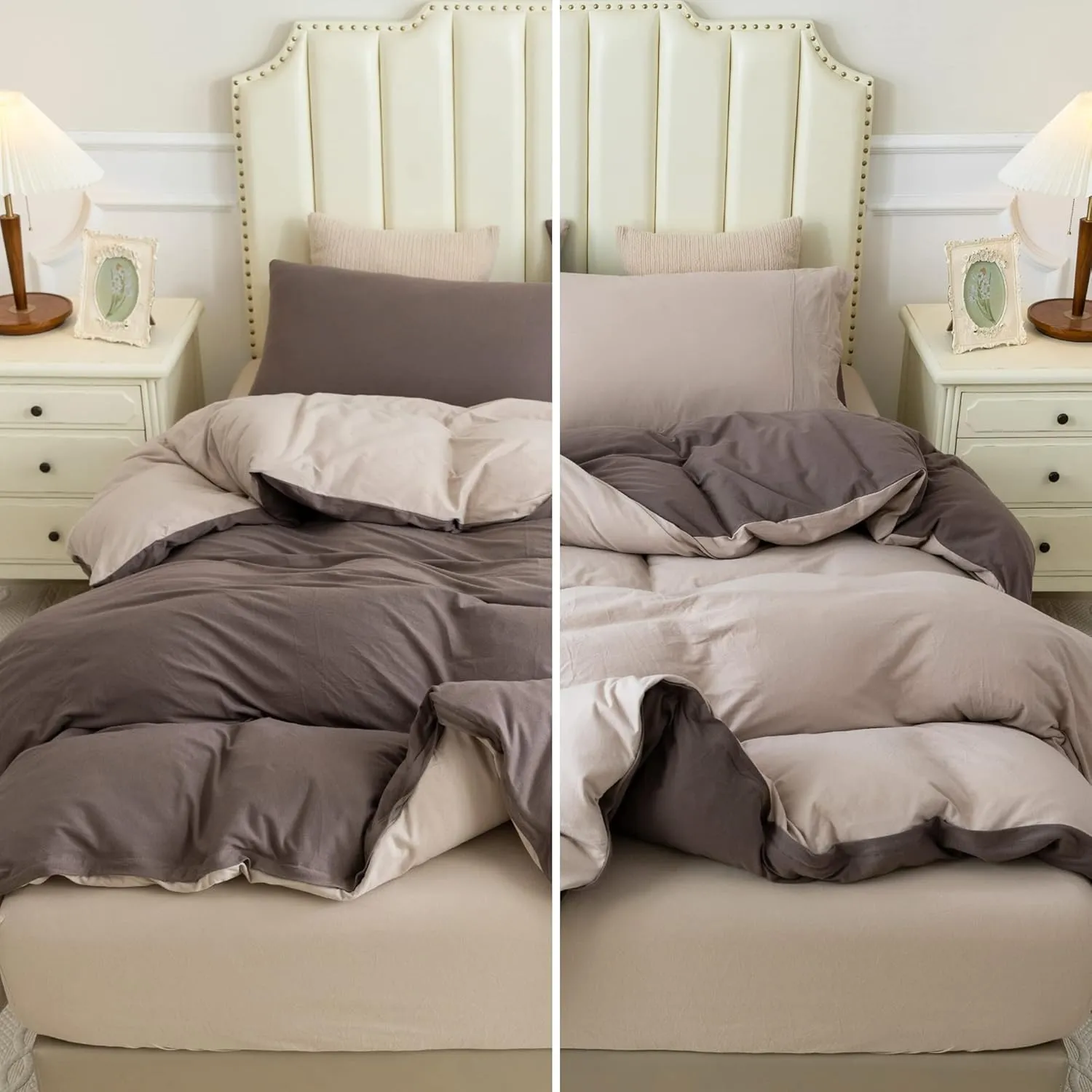 PURE ERA Jersey Knit Duvet Cover Set 100% T-Shirt Cotton Super Soft Comfy 3pc Bedding Set with Zipper Closure (Solid Brown/Dark Beige, Queen)
