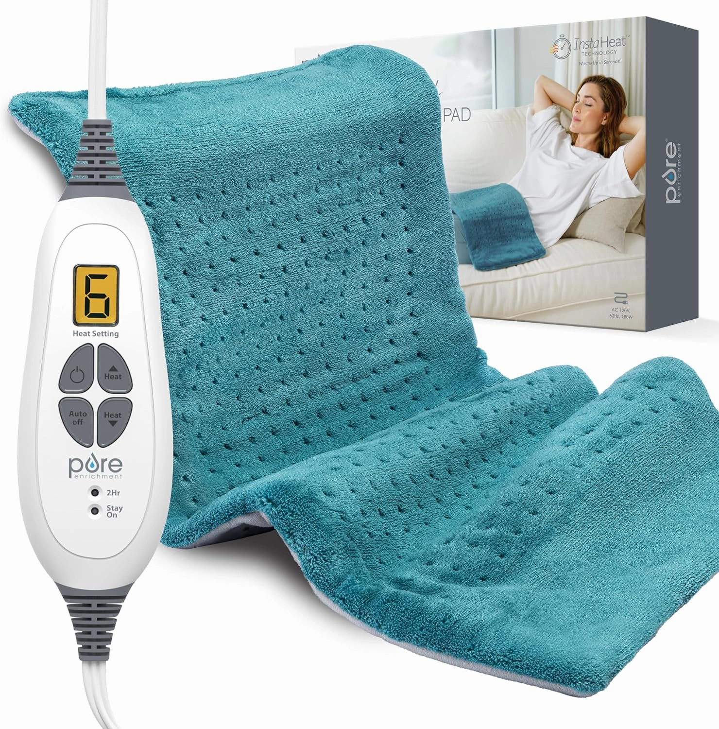 Pure Enrichment® PureRelief XL Heating Pad - 12" x 24" Electric Heating Pad for Back Pain & Cramps, 6 Heat Settings, FSA/HSA Eligible, Soft Machine Wash Fabric, Auto-Off & Moist Heat (Blue)