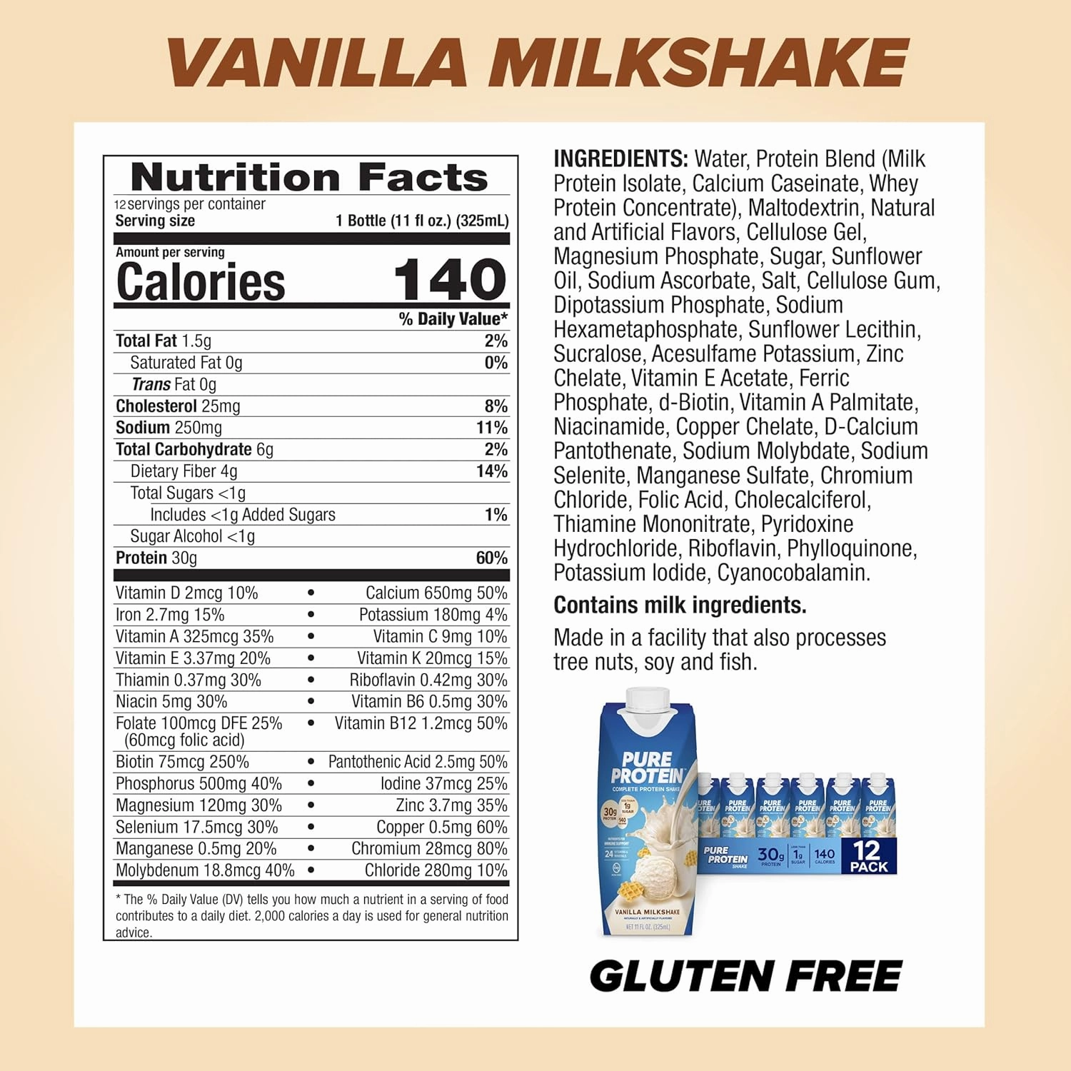 Pure Protein Vanilla Protein Shake, 30g Complete Protein, Vitamins A, C, D, and E plus Zinc to Support Immune Health, Ready to Drink and Keto-Friendly, 11oz Bottles, 12 Pack