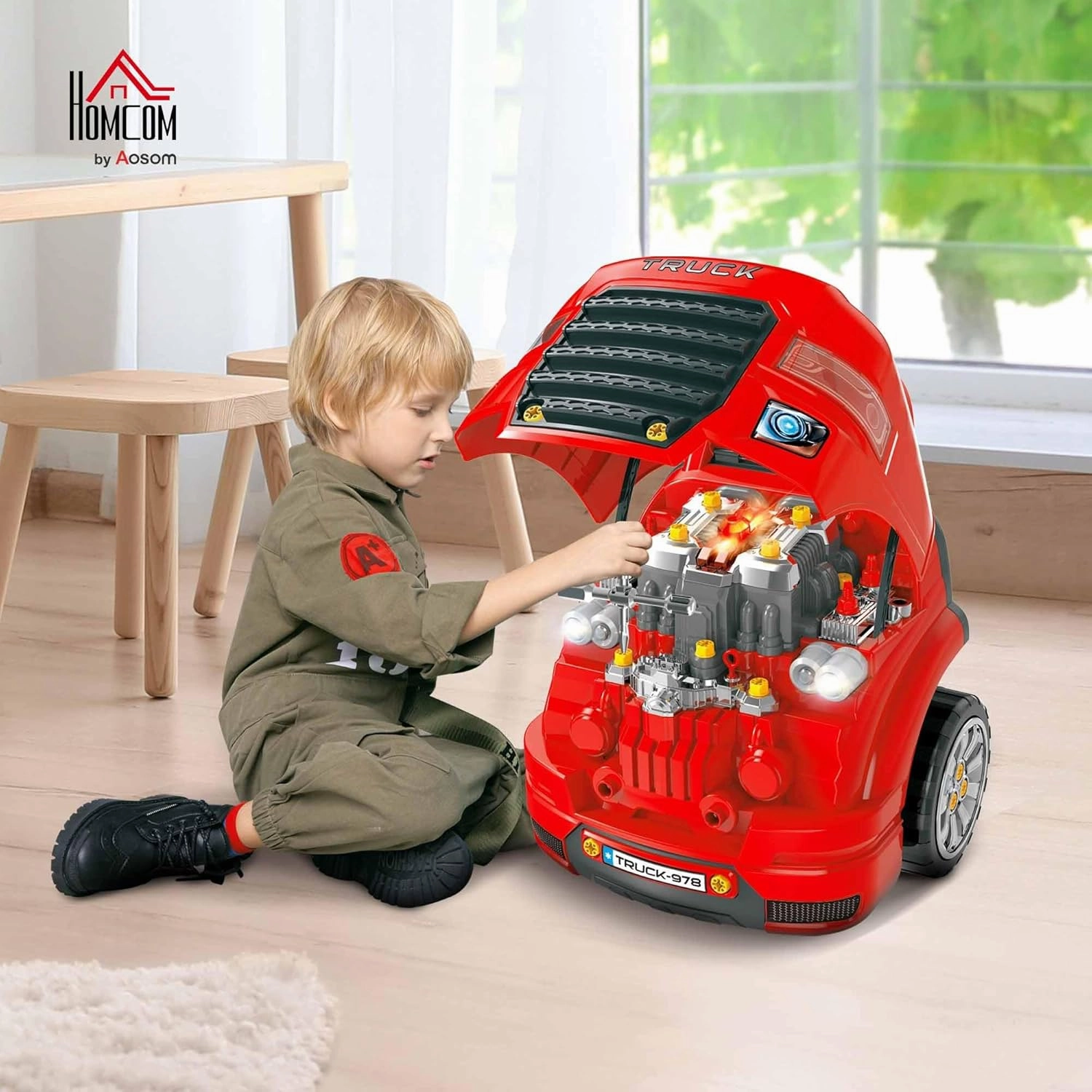 Qaba Kids Truck Engine Toy, Kids Mechanic Car Repair Set, Engine Disassembly Play Workshop, Includes 61 Pieces, Steering Wheel, Horn, Light for 3-5 Years Old, Red
