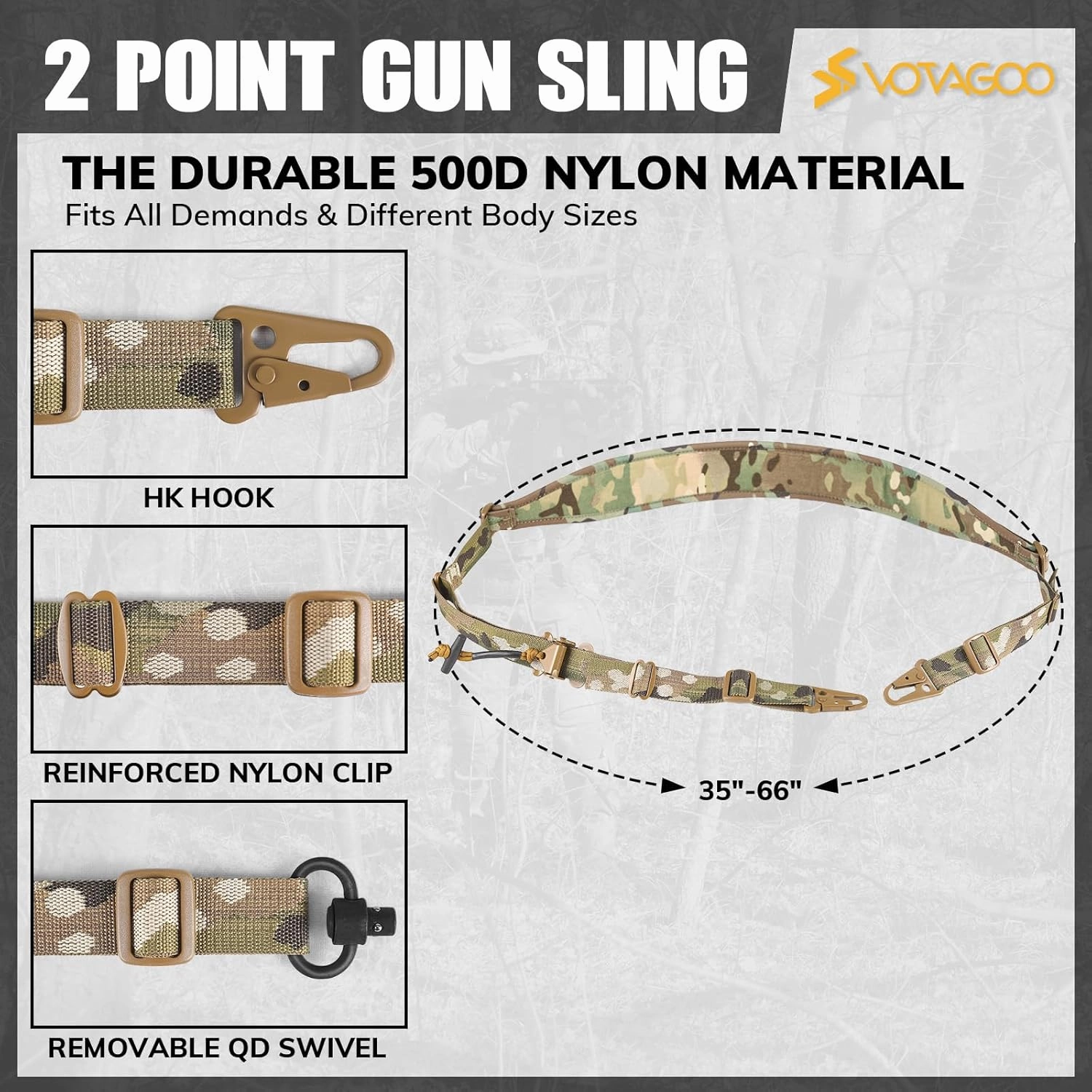 QD Sling 2 Point Sling Swivel Quick Adjust Gun Sling with HK Hook Soft Shoulder Pad, Rifle Sling for Hunting Tactical Strap