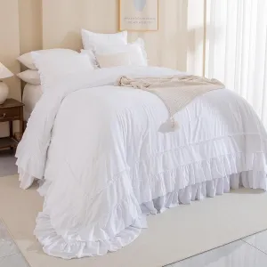 QSH Oversized King Comforter Set 120x120，White Farmhouse Ruffled Bed Comforter Shabby French Country Rustic Vintage Bedding Comforter Microfiber Soft Lightweight Fluffy Bedding 3 PCs