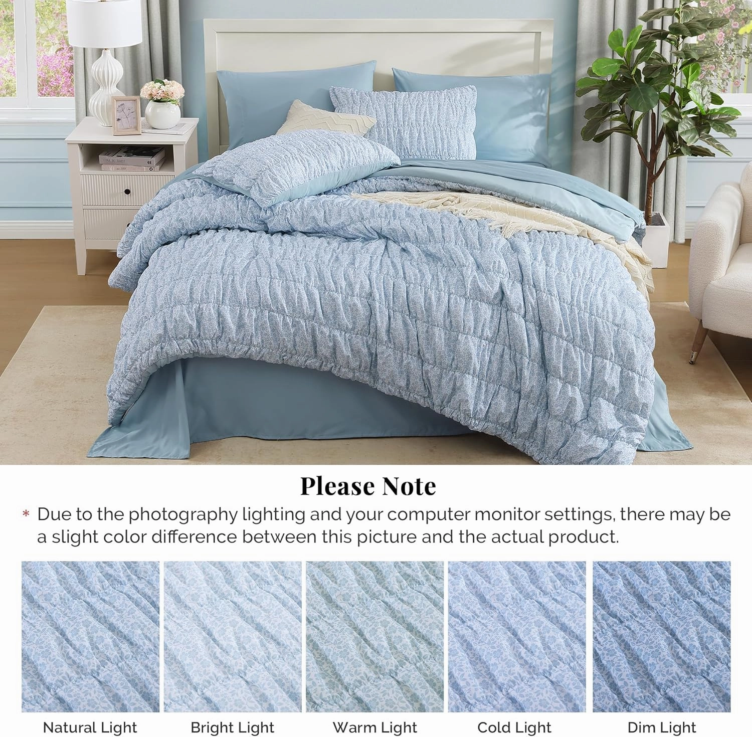 Queen Comforter Set - 7 Pieces Blue Classic Puff Floral Bedding Sets for All Seasons, Shabby Chic Farmhouse Bed in a Bag Queen with Wildflowers Fluffy Comforter, Sheets, Pillowcases & Shams