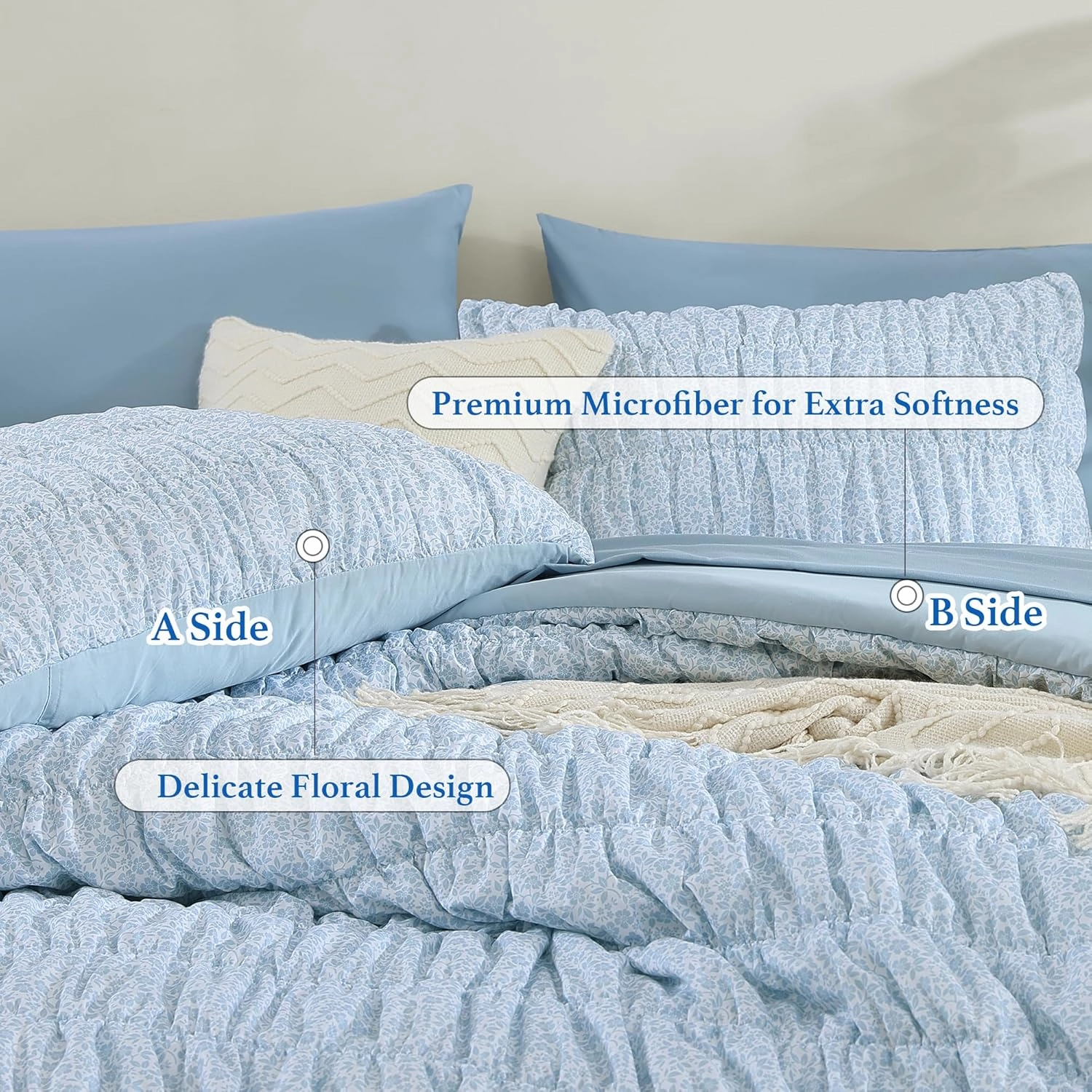 Queen Comforter Set - 7 Pieces Blue Classic Puff Floral Bedding Sets for All Seasons, Shabby Chic Farmhouse Bed in a Bag Queen with Wildflowers Fluffy Comforter, Sheets, Pillowcases & Shams