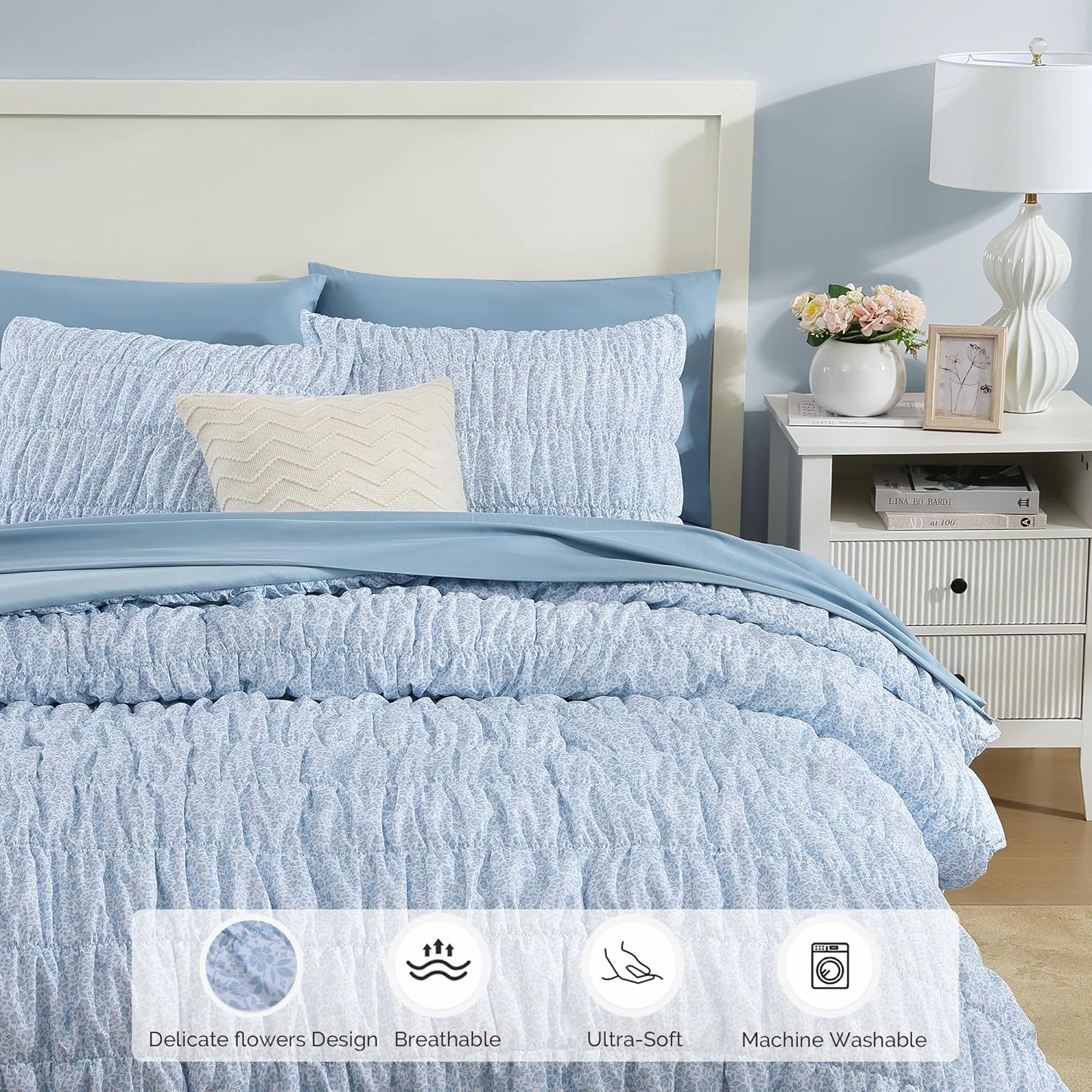 Queen Comforter Set - 7 Pieces Blue Classic Puff Floral Bedding Sets for All Seasons, Shabby Chic Farmhouse Bed in a Bag Queen with Wildflowers Fluffy Comforter, Sheets, Pillowcases & Shams