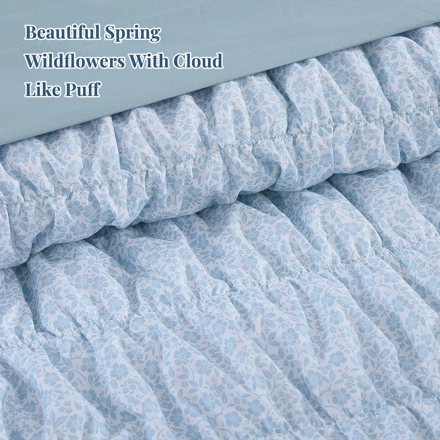 Queen Comforter Set - 7 Pieces Blue Classic Puff Floral Bedding Sets for All Seasons, Shabby Chic Farmhouse Bed in a Bag Queen with Wildflowers Fluffy Comforter, Sheets, Pillowcases & Shams