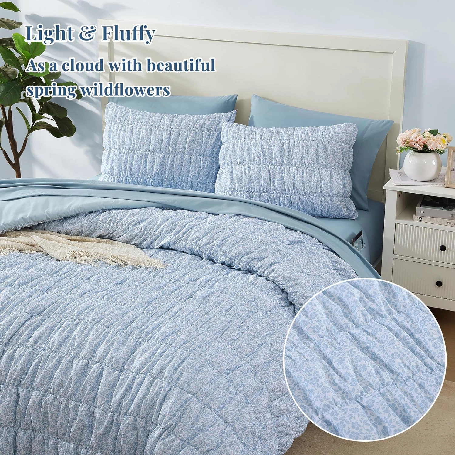 Queen Comforter Set - 7 Pieces Blue Classic Puff Floral Bedding Sets for All Seasons, Shabby Chic Farmhouse Bed in a Bag Queen with Wildflowers Fluffy Comforter, Sheets, Pillowcases & Shams