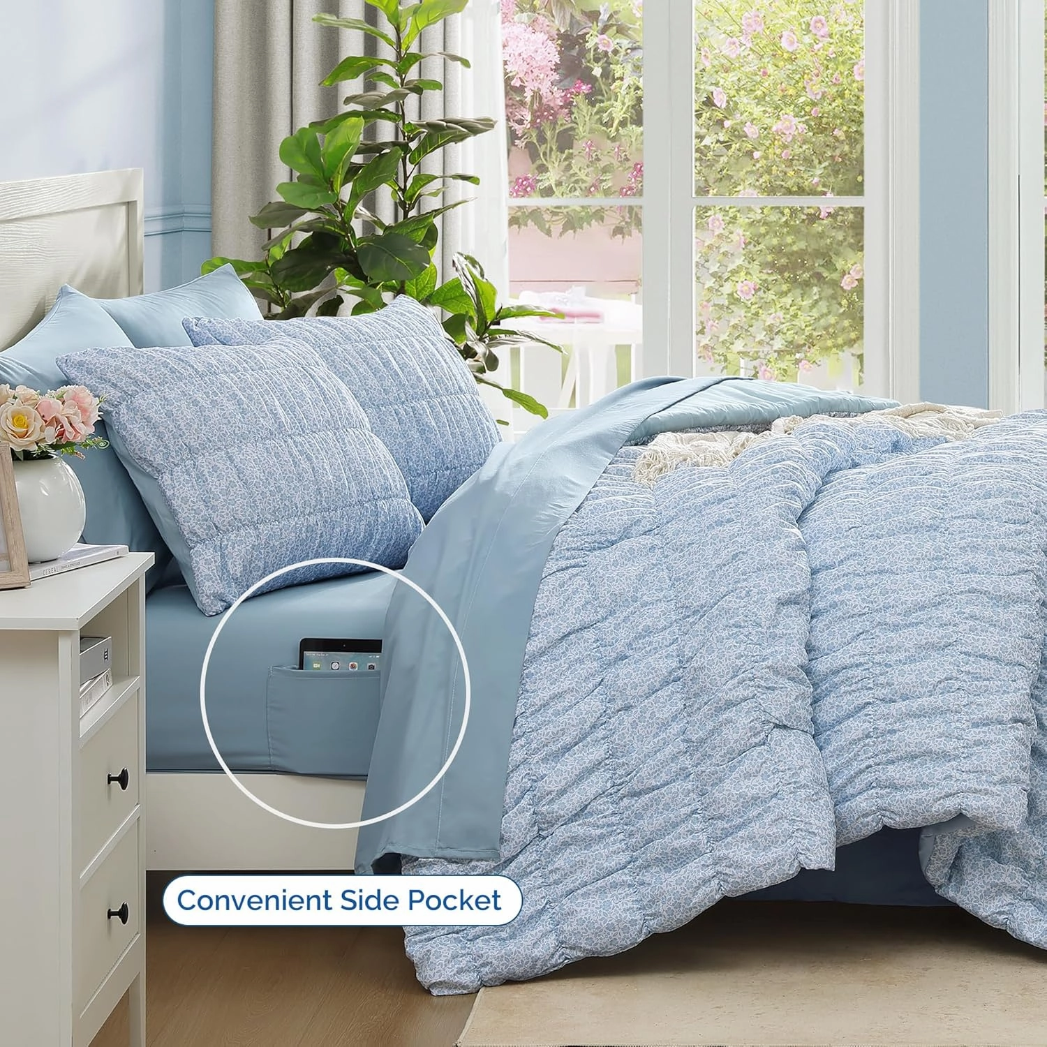 Queen Comforter Set - 7 Pieces Blue Classic Puff Floral Bedding Sets for All Seasons, Shabby Chic Farmhouse Bed in a Bag Queen with Wildflowers Fluffy Comforter, Sheets, Pillowcases & Shams