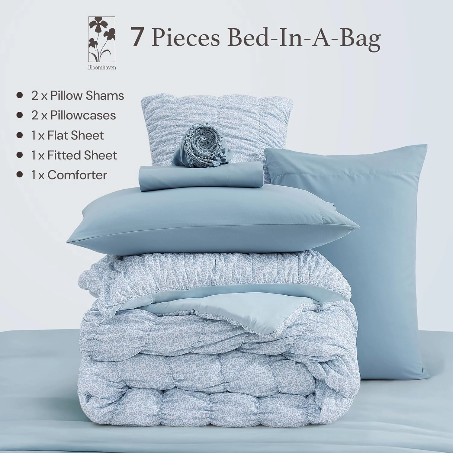 Queen Comforter Set - 7 Pieces Blue Classic Puff Floral Bedding Sets for All Seasons, Shabby Chic Farmhouse Bed in a Bag Queen with Wildflowers Fluffy Comforter, Sheets, Pillowcases & Shams
