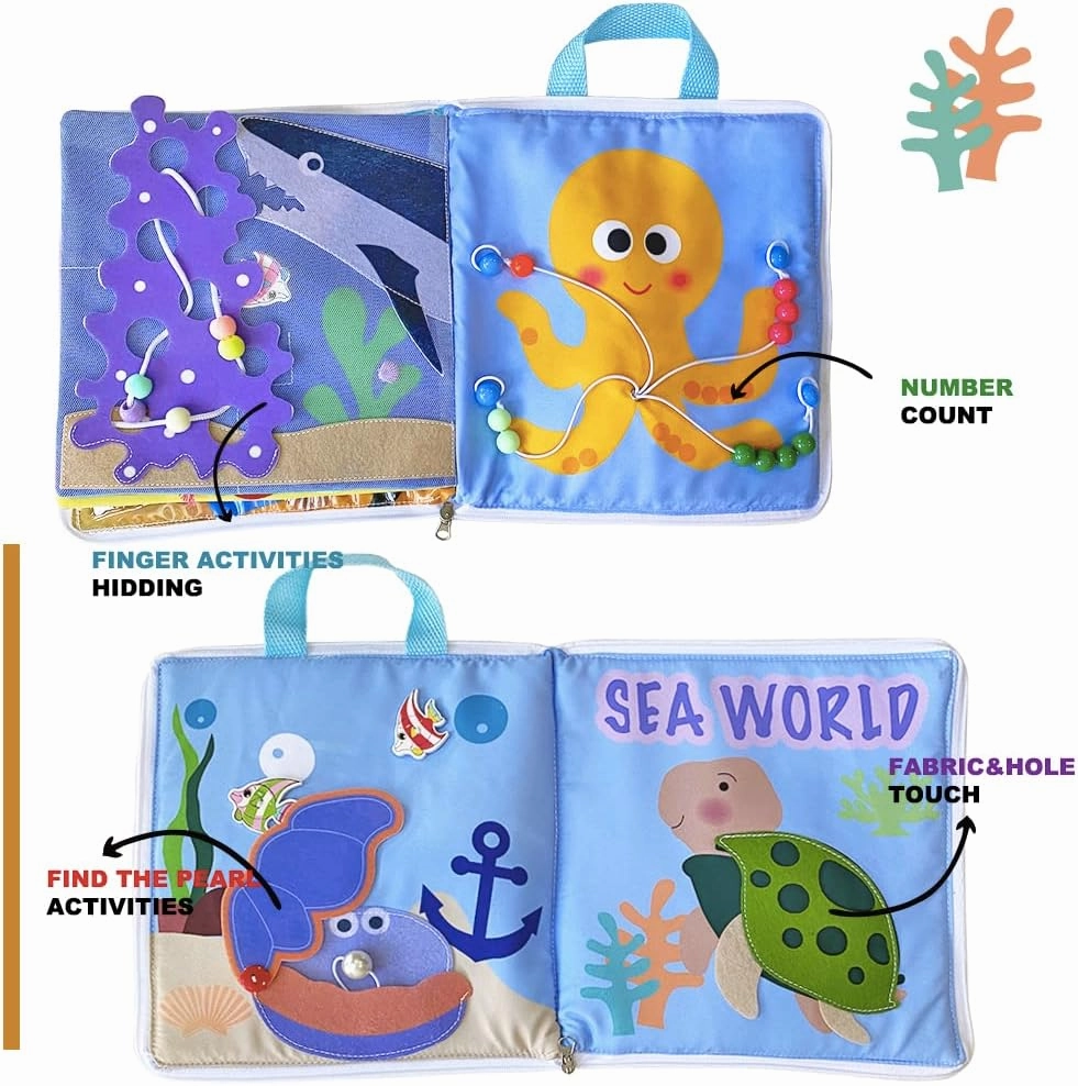 Quiet Toddlers Educational - 8 Pages of Learning Fun for Quiet Play with Preschool Activities Fabric Book - Montessori Toy for Travel (Sea World)