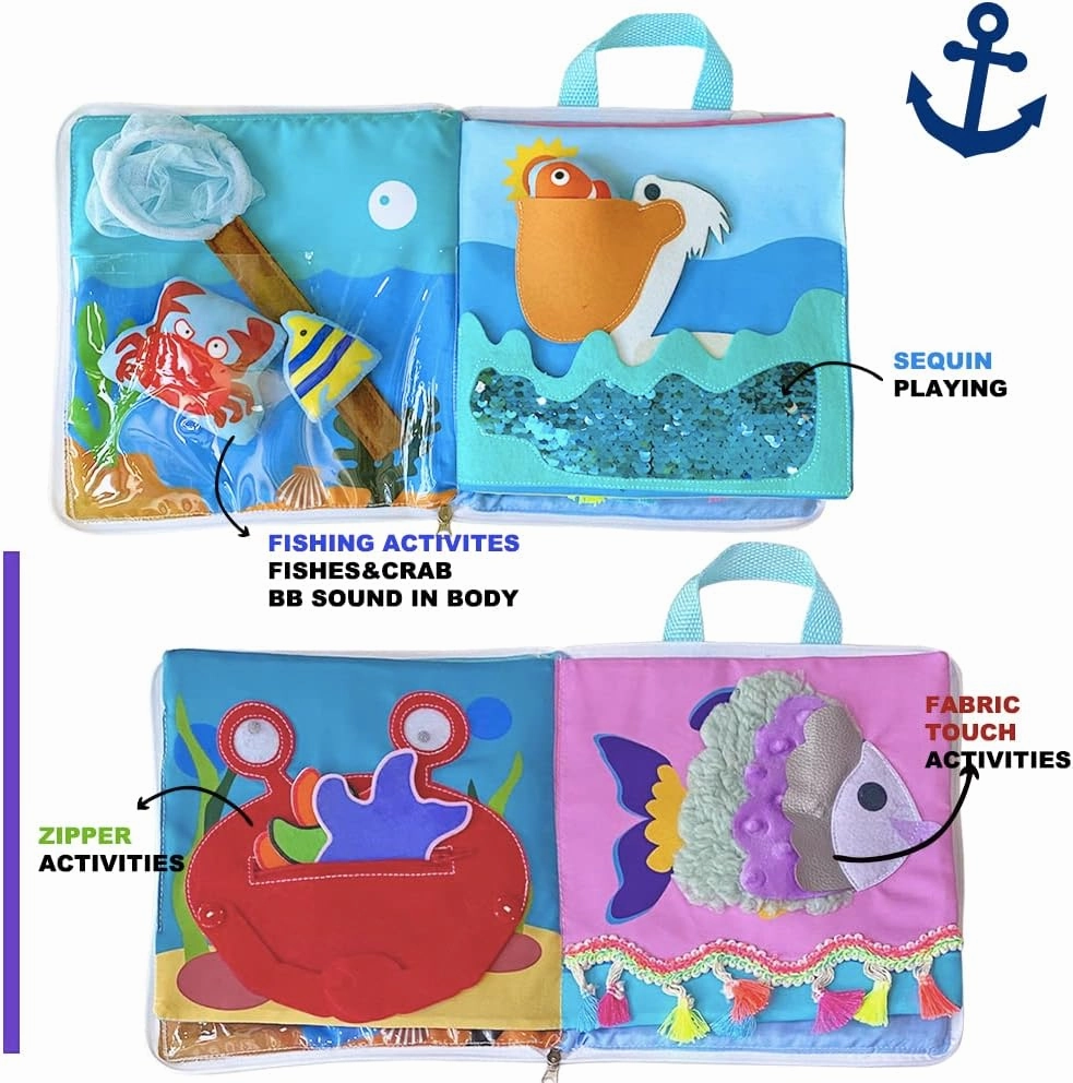 Quiet Toddlers Educational - 8 Pages of Learning Fun for Quiet Play with Preschool Activities Fabric Book - Montessori Toy for Travel (Sea World)