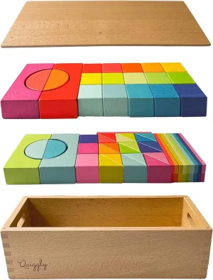 Quiggly Montessori Wooden Rainbow Building Blocks Set | 68-Piece Educational STEM Toy for Toddlers | Includes Storage Box with Carry Handles | Ideal for Ages 12-48  Months (Wooden Storage Box)