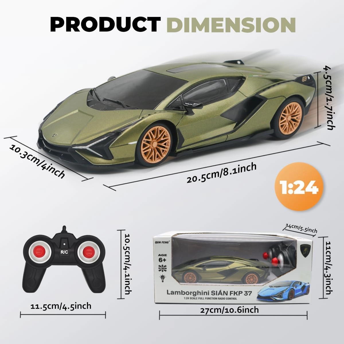 QUN XING Remote Control Car 1:24 Officially Licensed 2.4GHZ Rc Cars Lambo Sport Racing Toy Car for Kids Boys 4-7 Years Birthday Gift, Green