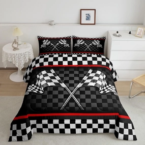 Racing Car Kids Comforter Set Queen Size,Boys Girls Adults Bedroom/Gamer Decor,Flags Checkered Grids Geometric Down Comforter,Modern Sports Stylish Bedding Set,Black White Duvet Insert,2 Pillowcases
