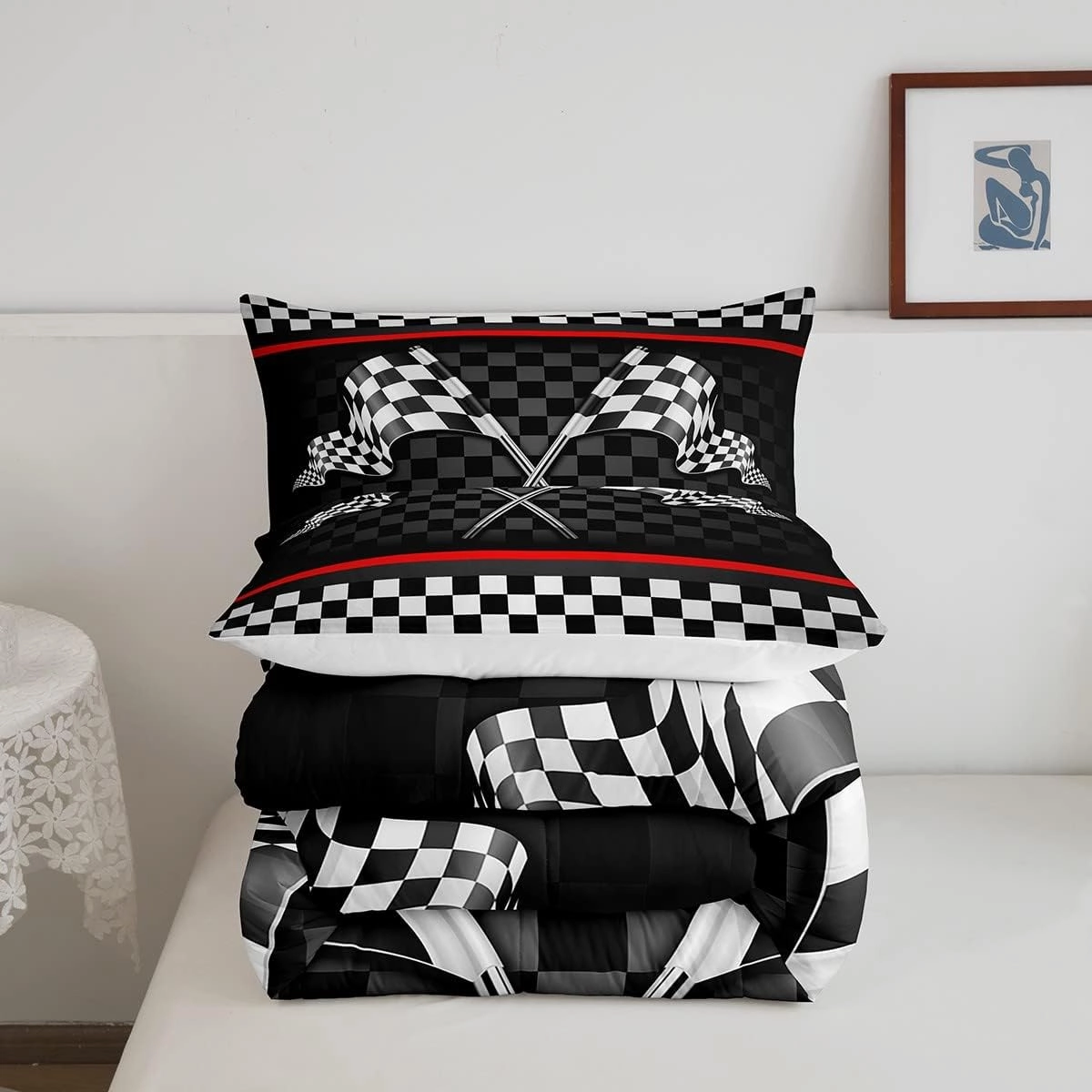 Racing Car Kids Comforter Set Queen Size,Boys Girls Adults Bedroom/Gamer Decor,Flags Checkered Grids Geometric Down Comforter,Modern Sports Stylish Bedding Set,Black White Duvet Insert,2 Pillowcases