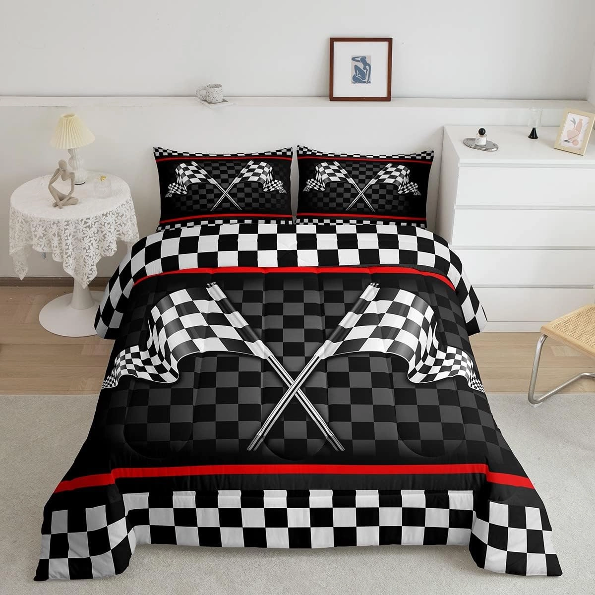 Racing Car Kids Comforter Set Queen Size,Boys Girls Adults Bedroom/Gamer Decor,Flags Checkered Grids Geometric Down Comforter,Modern Sports Stylish Bedding Set,Black White Duvet Insert,2 Pillowcases