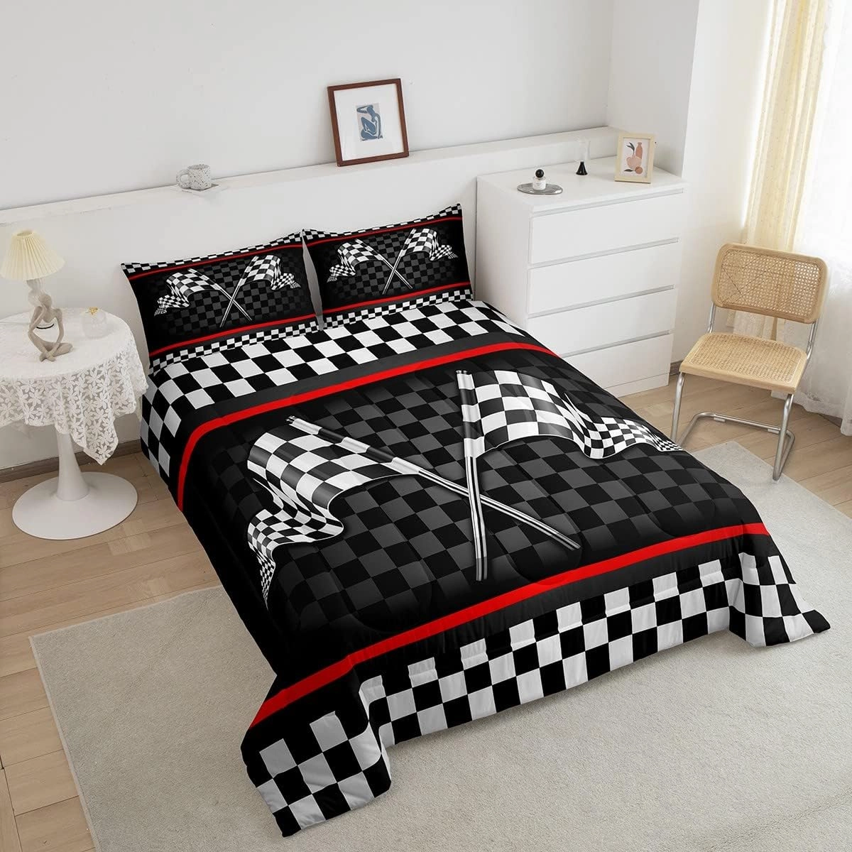 Racing Car Kids Comforter Set Queen Size,Boys Girls Adults Bedroom/Gamer Decor,Flags Checkered Grids Geometric Down Comforter,Modern Sports Stylish Bedding Set,Black White Duvet Insert,2 Pillowcases