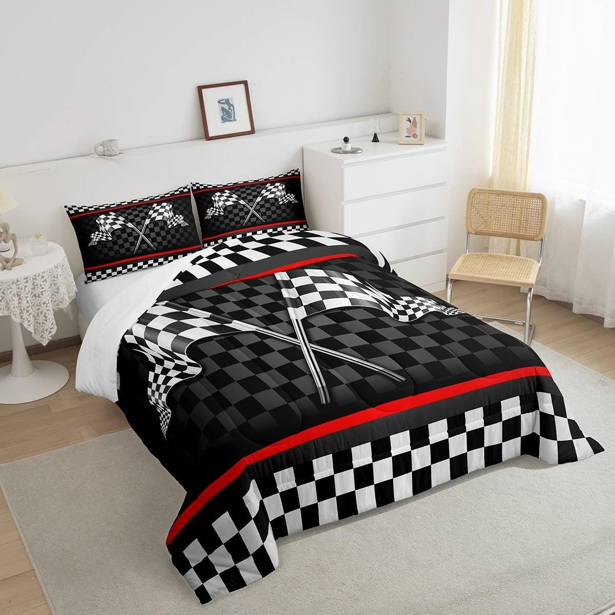 Racing Car Kids Comforter Set Queen Size,Boys Girls Adults Bedroom/Gamer Decor,Flags Checkered Grids Geometric Down Comforter,Modern Sports Stylish Bedding Set,Black White Duvet Insert,2 Pillowcases