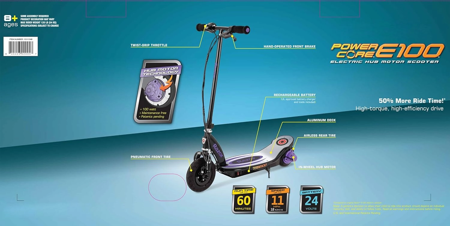 Razor Power Core E100 Electric Scooter - 100w Hub Motor, 8" Air-Filled Tire, Up to 11 mph and 60 min Ride Time, for Kids Ages 8 and Up