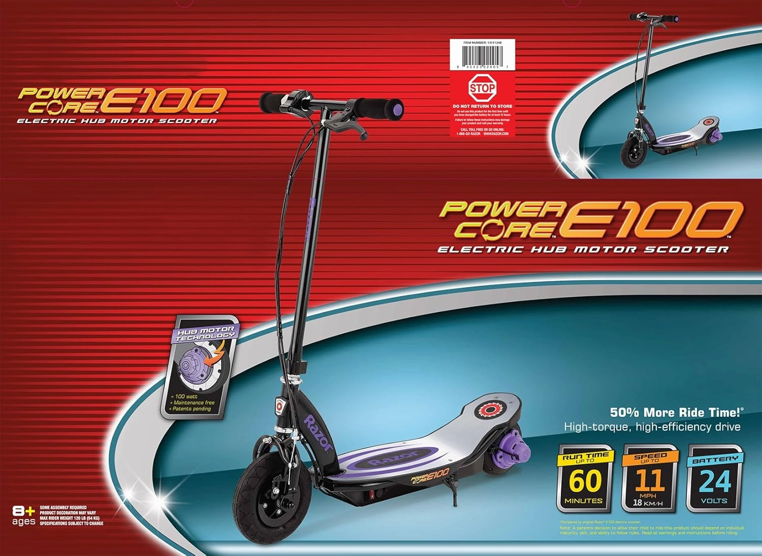 Razor Power Core E100 Electric Scooter - 100w Hub Motor, 8" Air-Filled Tire, Up to 11 mph and 60 min Ride Time, for Kids Ages 8 and Up