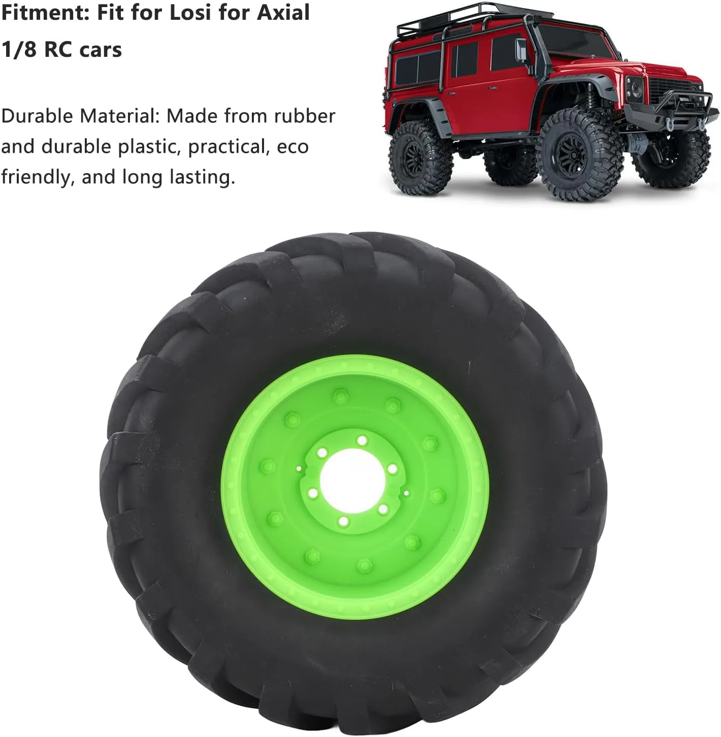 RC Car Tires Wheels Heavy Duty Rubber Grip Durable Performance Upgrade for Losi Axial 1/8 Scale Remote Control Vehicles Plastic Hub 165mm Diameter 4PCS Set (Green)