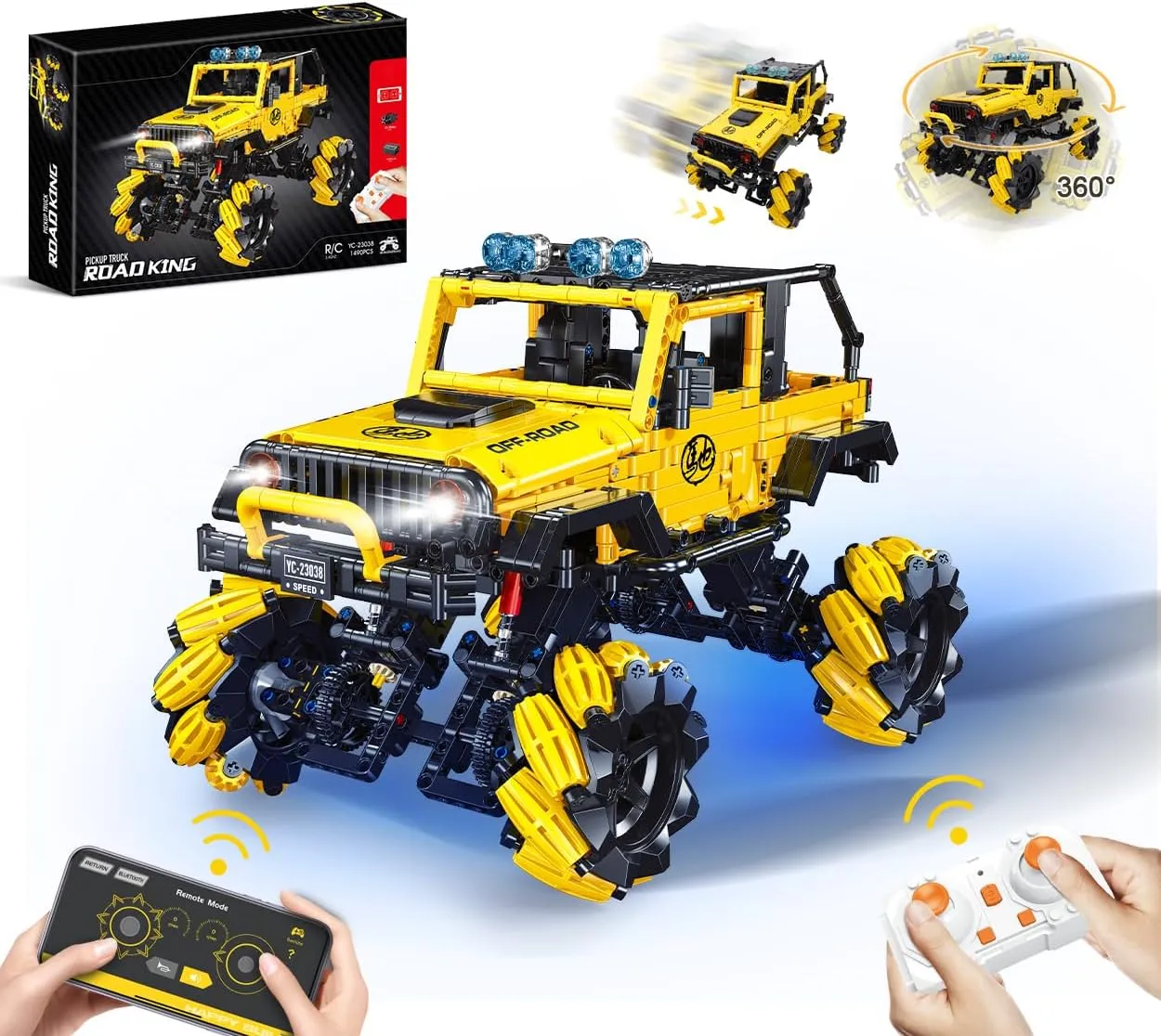 RC Pickup Truck Car Building Set for Adults,Boys,Men,1490 Pieces Building Blocks APP Remote Control Vehicles Toys Gifts,Compatible with Technic Car(Yellow)