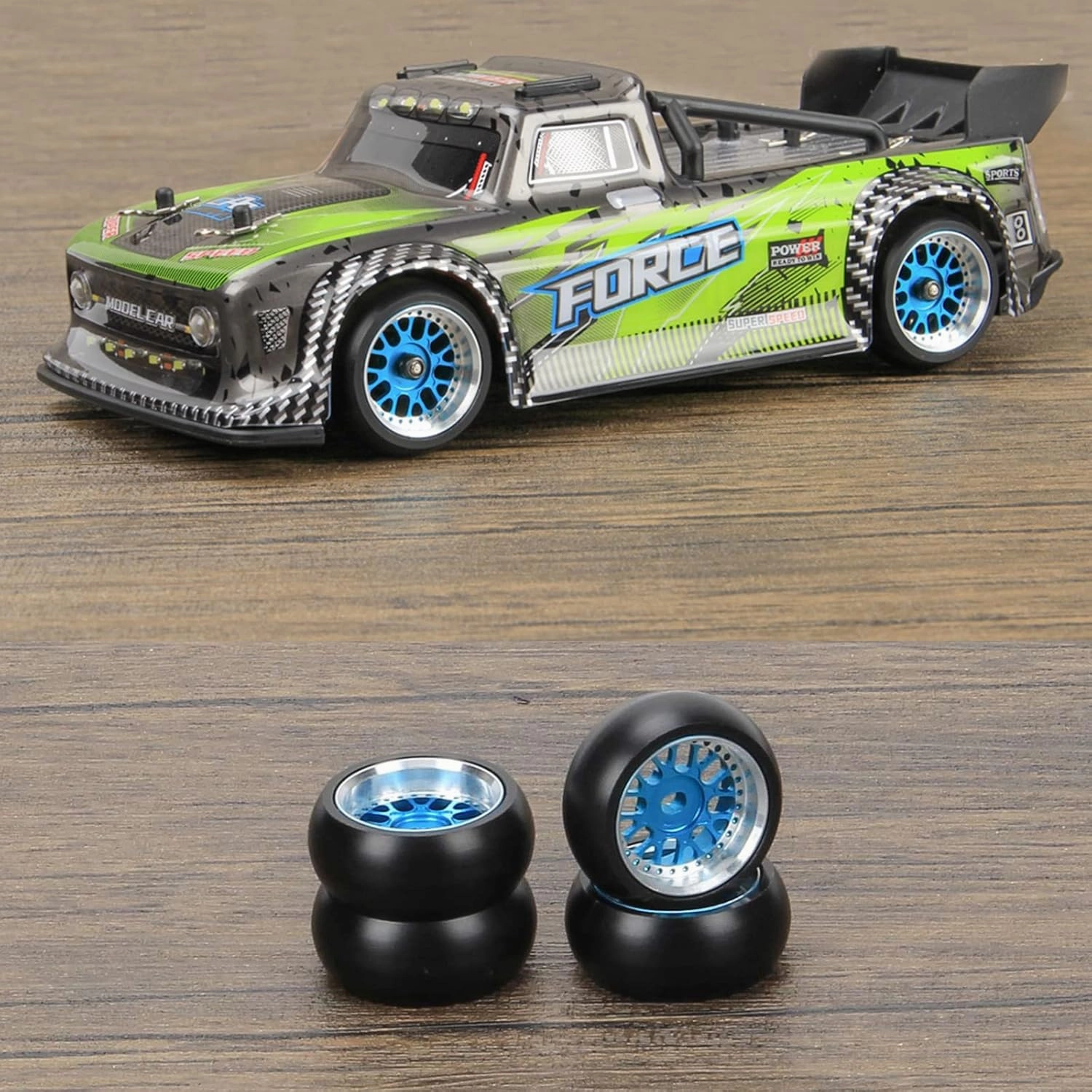 RCAWD RC Rims and Tires for 1/28 Wltoys Kyosho Mini-Z, Mini-Q, Mini-D, K969 K989 P929 Drift Rally Upgrades, No More Glue RC Wheel Parts with Larger Outer Diameter 26.8mm Blue