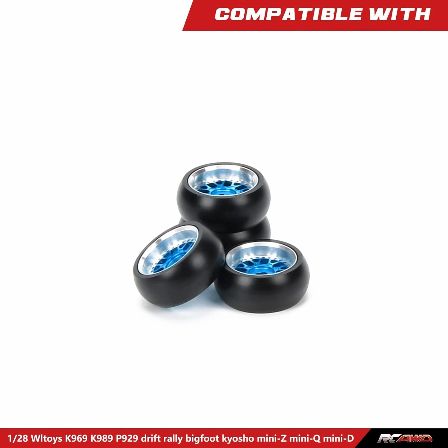 RCAWD RC Rims and Tires for 1/28 Wltoys Kyosho Mini-Z, Mini-Q, Mini-D, K969 K989 P929 Drift Rally Upgrades, No More Glue RC Wheel Parts with Larger Outer Diameter 26.8mm Blue