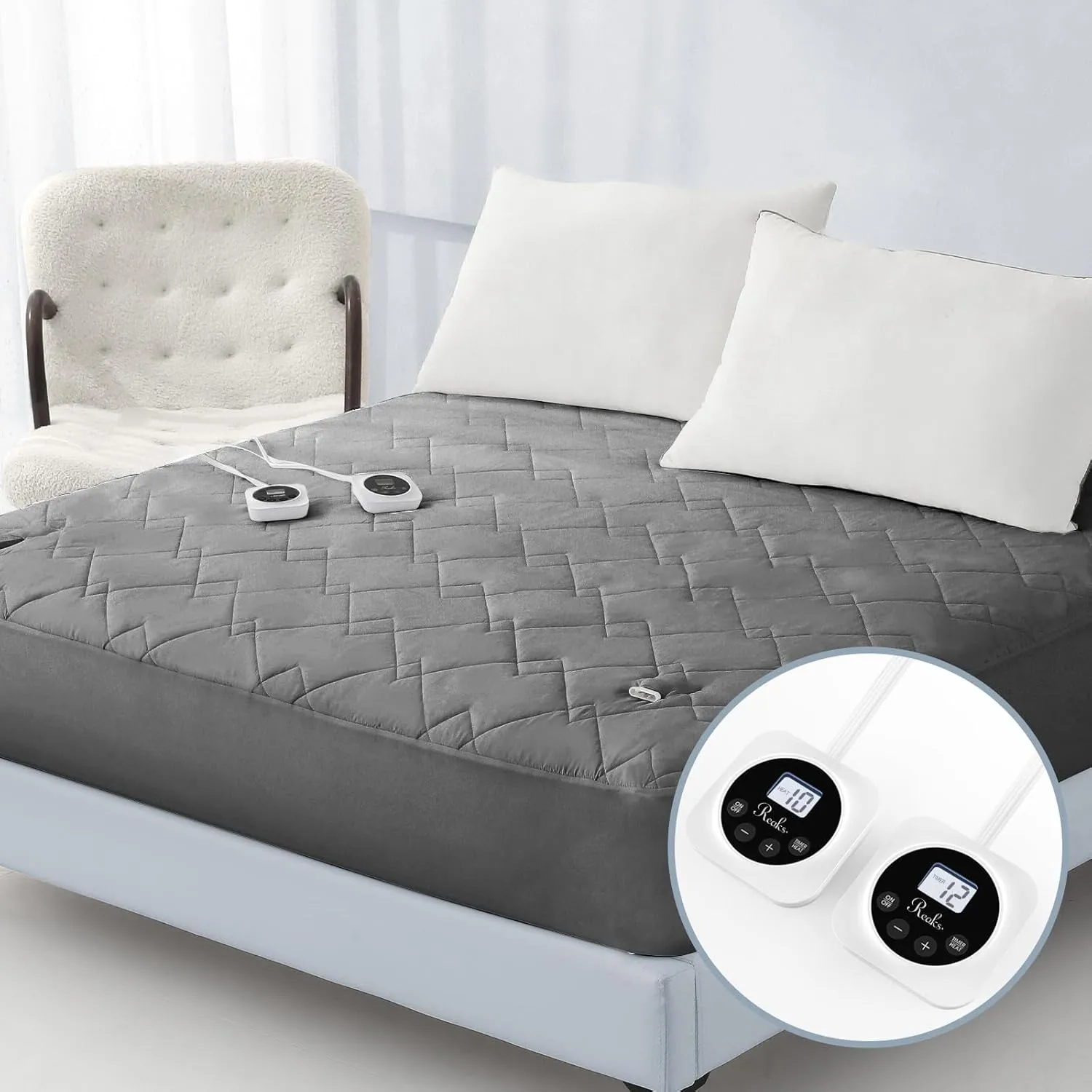 Reaks Electric Mattress Pad California King Size, Quilted Heated Mattress Pad Dual Control with 10 Heat Settings, ETL Certified Bed Warmer with Timer for 1-12 Hours Auto Off, Lighted Button, Grey