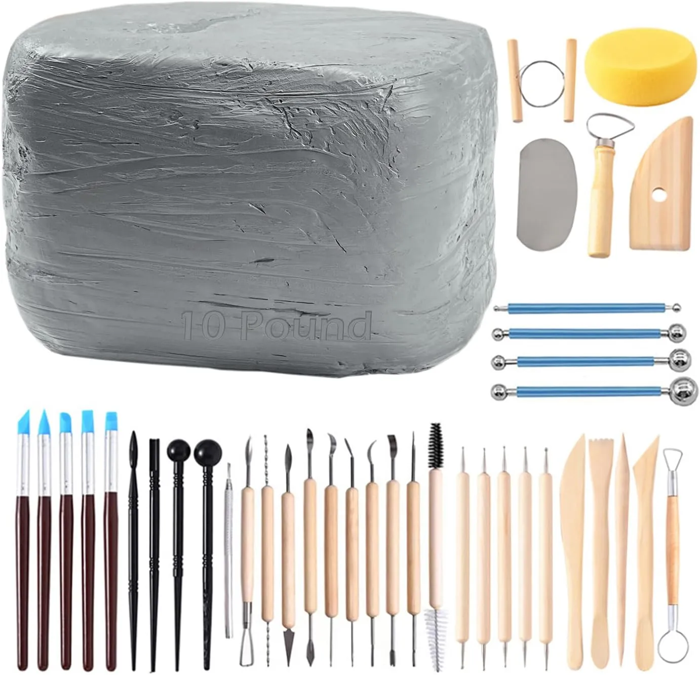 ReArt Natural Air-Dry Modeling Clay - 10LBs with 40 Pcs Pottery Sculpting Tool Set, All-Purpose Clay (Gray)