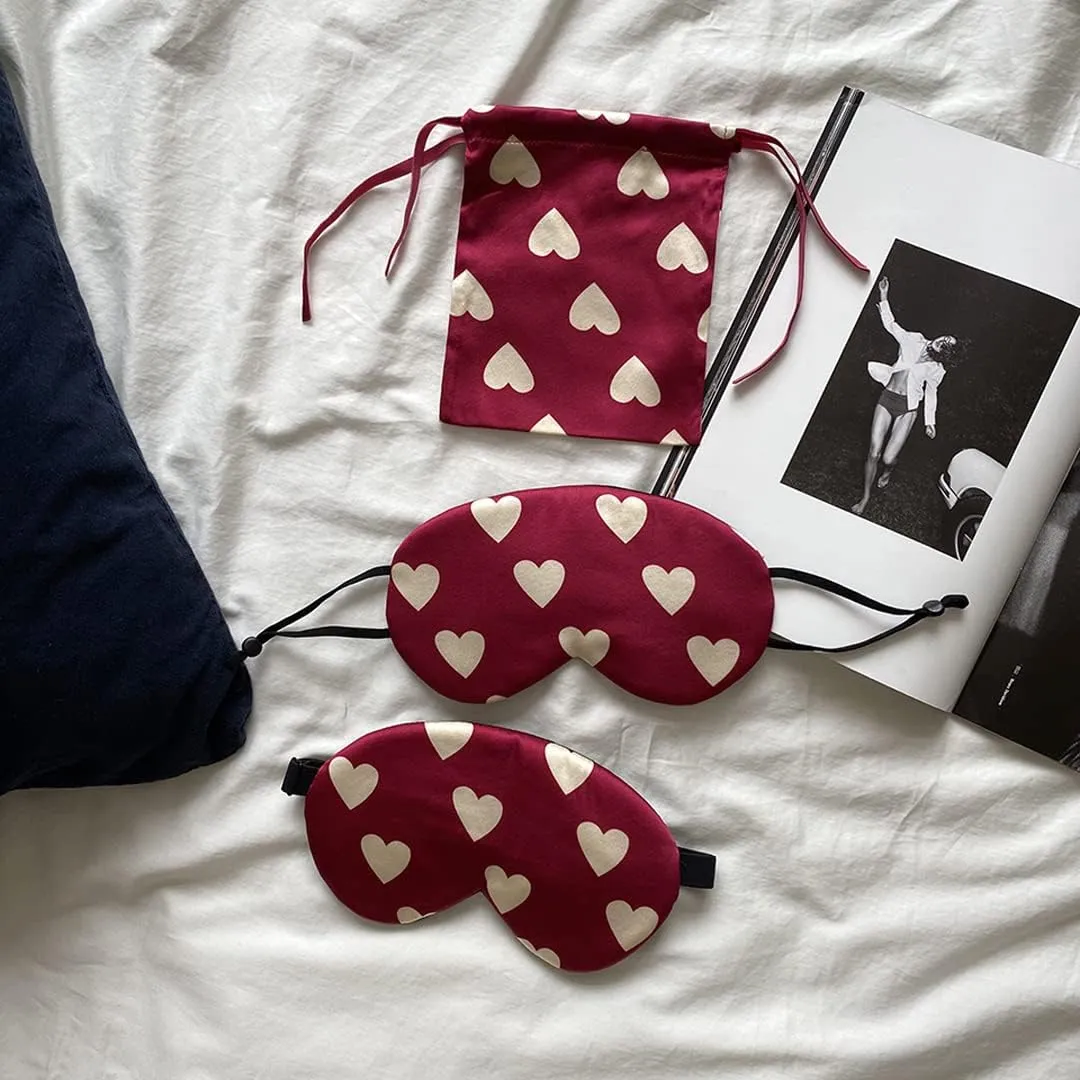 Red Heart Silk Sleep Eye Mask Storage Bag Set Women Adjustable Soft Mulberry Silk Blackout Eye Cover for Yoga Travel Nap Head Mounted