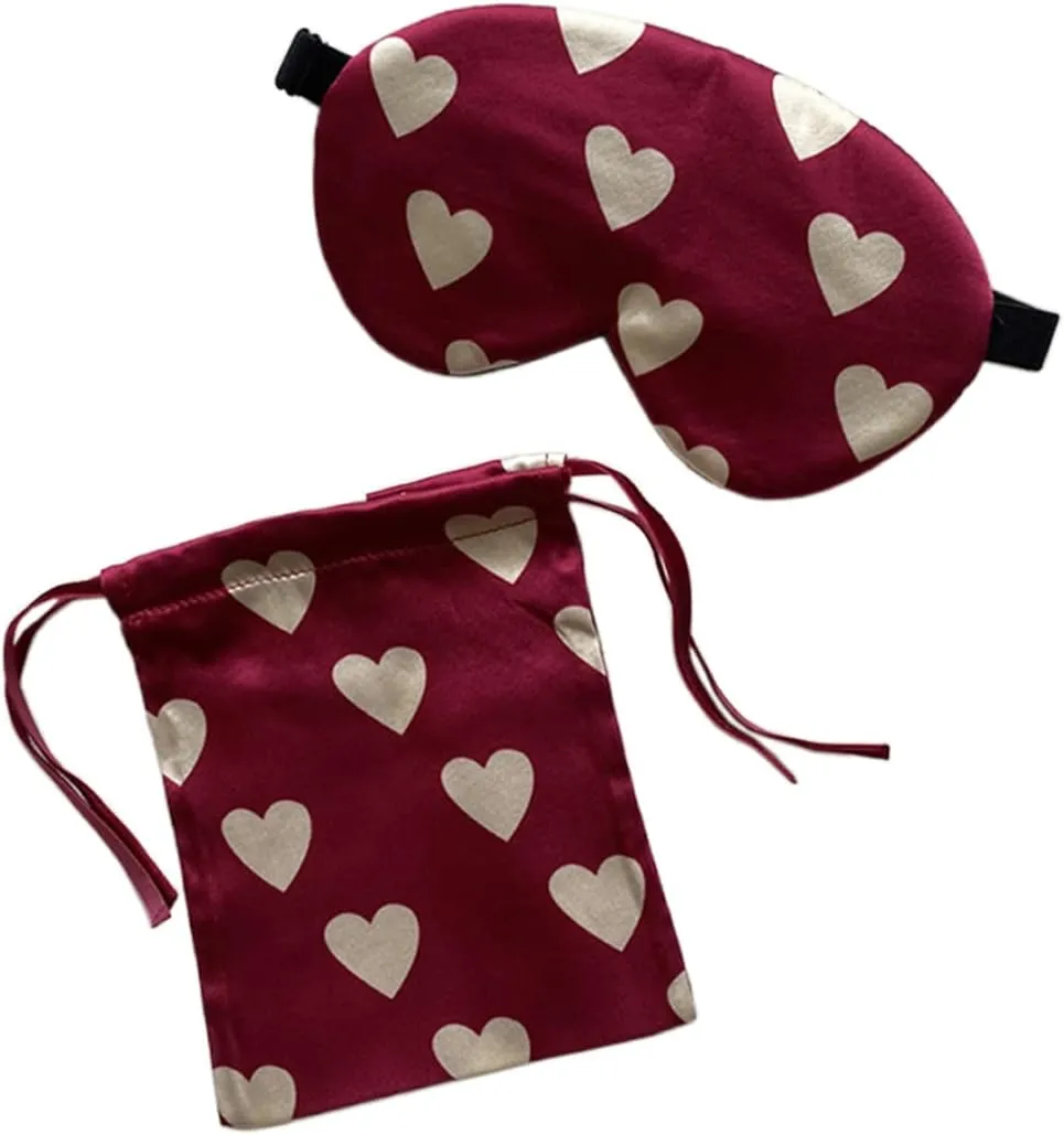 Red Heart Silk Sleep Eye Mask Storage Bag Set Women Adjustable Soft Mulberry Silk Blackout Eye Cover for Yoga Travel Nap Head Mounted