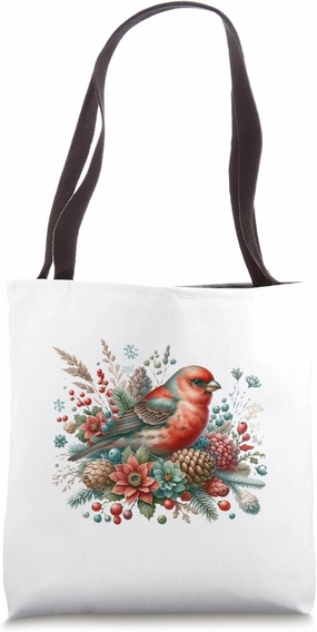 Red Crossbill Vintage Floral Wintery Bird Tote Bag