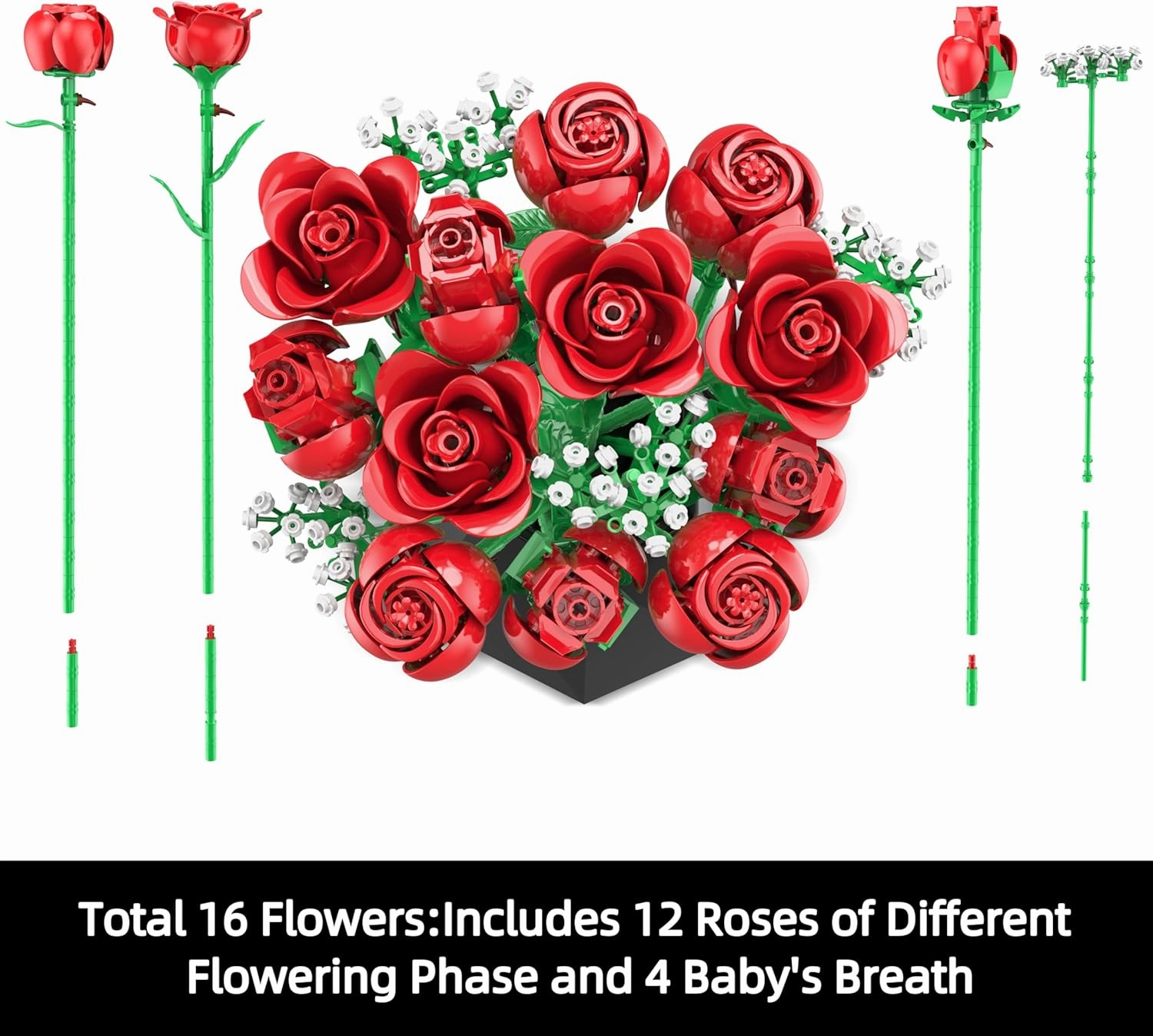 Red Rose Bouquet Building Set, 960PCS Roses Flowers Artificial Flowers Botanical Collection Blocks Kit for Adults Women Gift for Valentines & Mother's Day Home Decor Flower Decorations